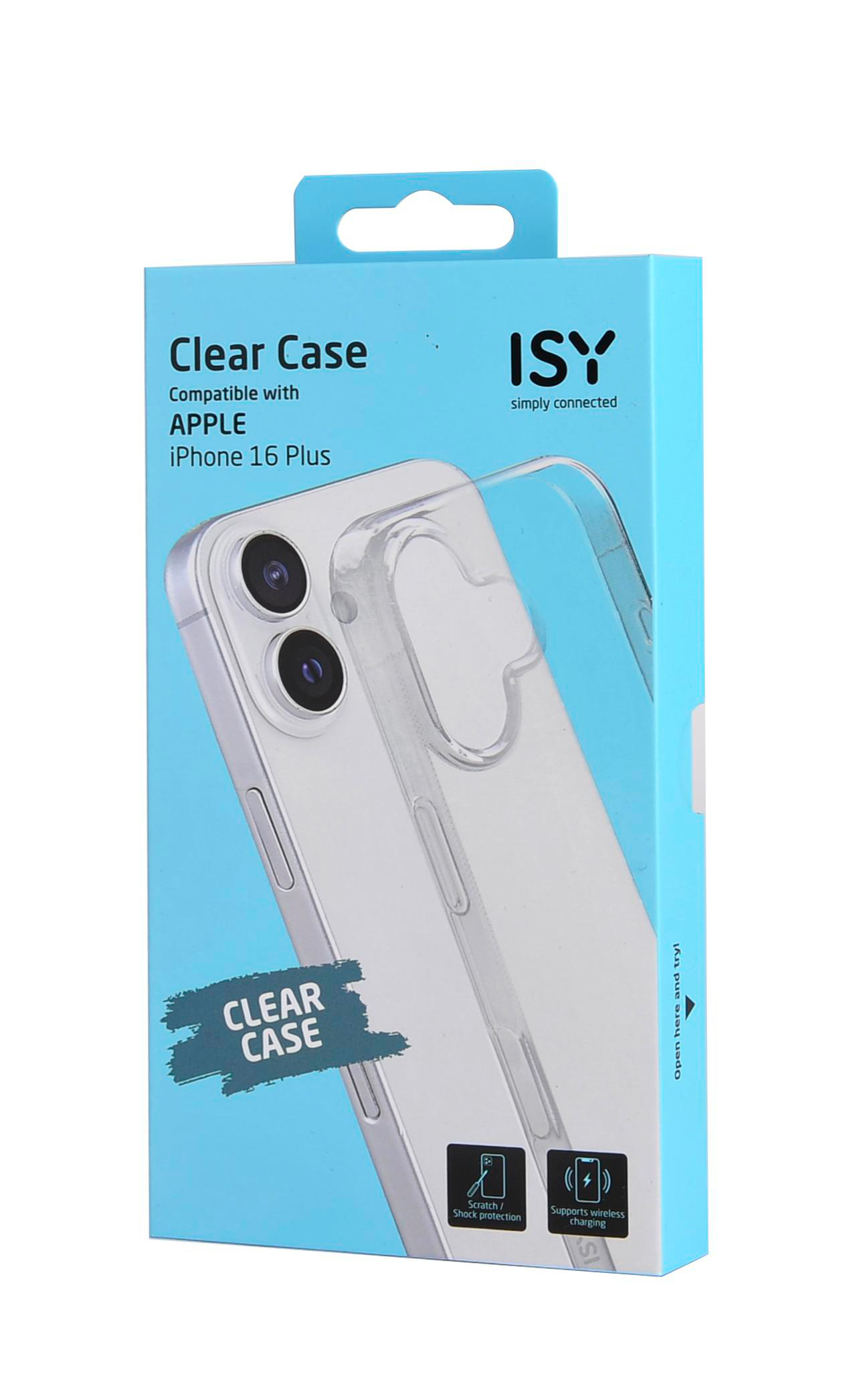 Transparente iPhone-Hülle in Verpackung, blauer Hintergrund, Markenname.