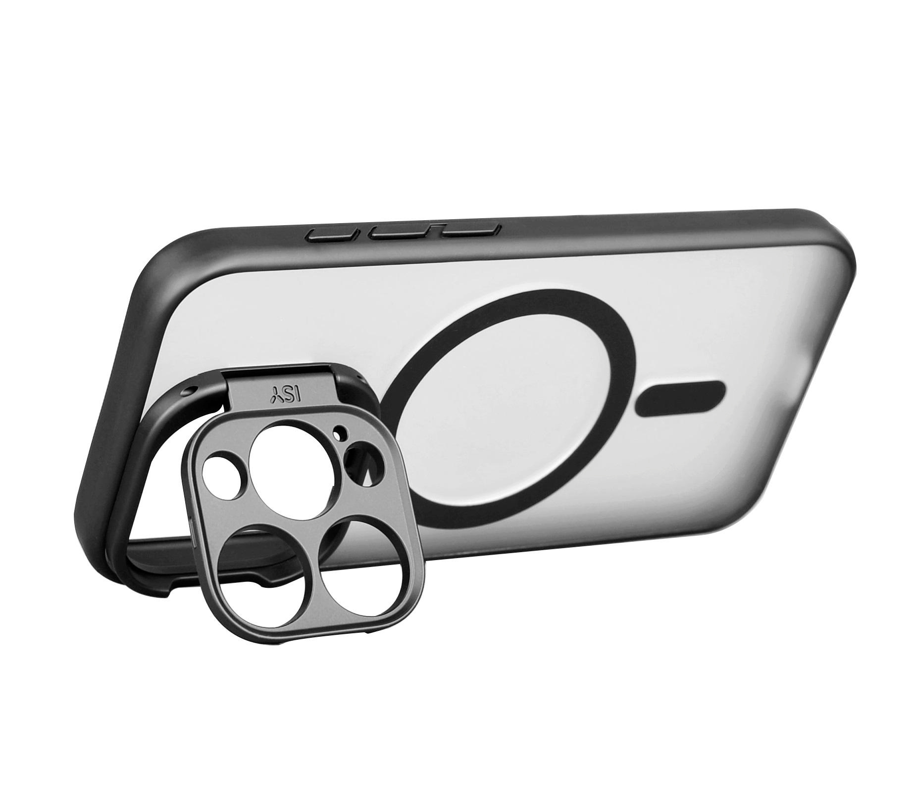 iPhone mit angebrachter Handyhülle, mit Magnetring und Kameraobjektivschutz.