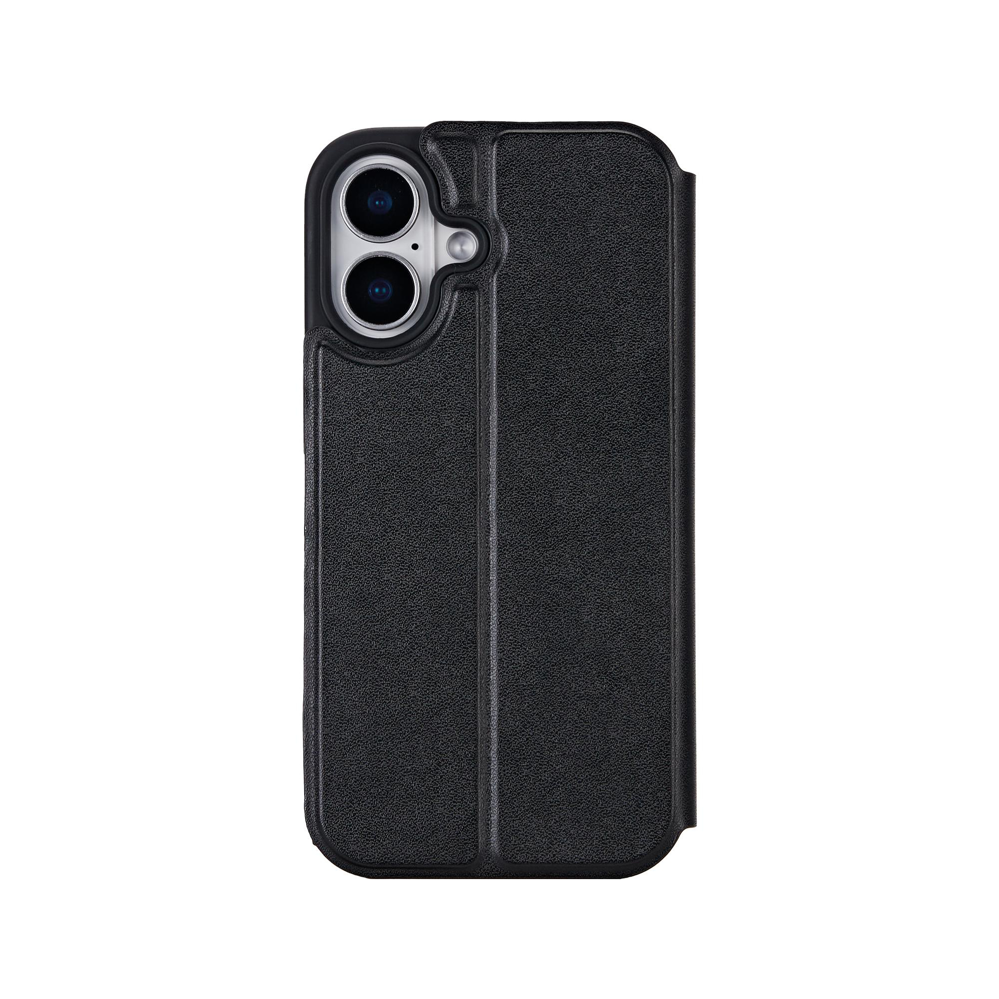 Eine schwarze Leder-Handyhülle mit Dual-Kamera-Ausschnitt, geschlossen. Die Hülle hat eine Klappe.