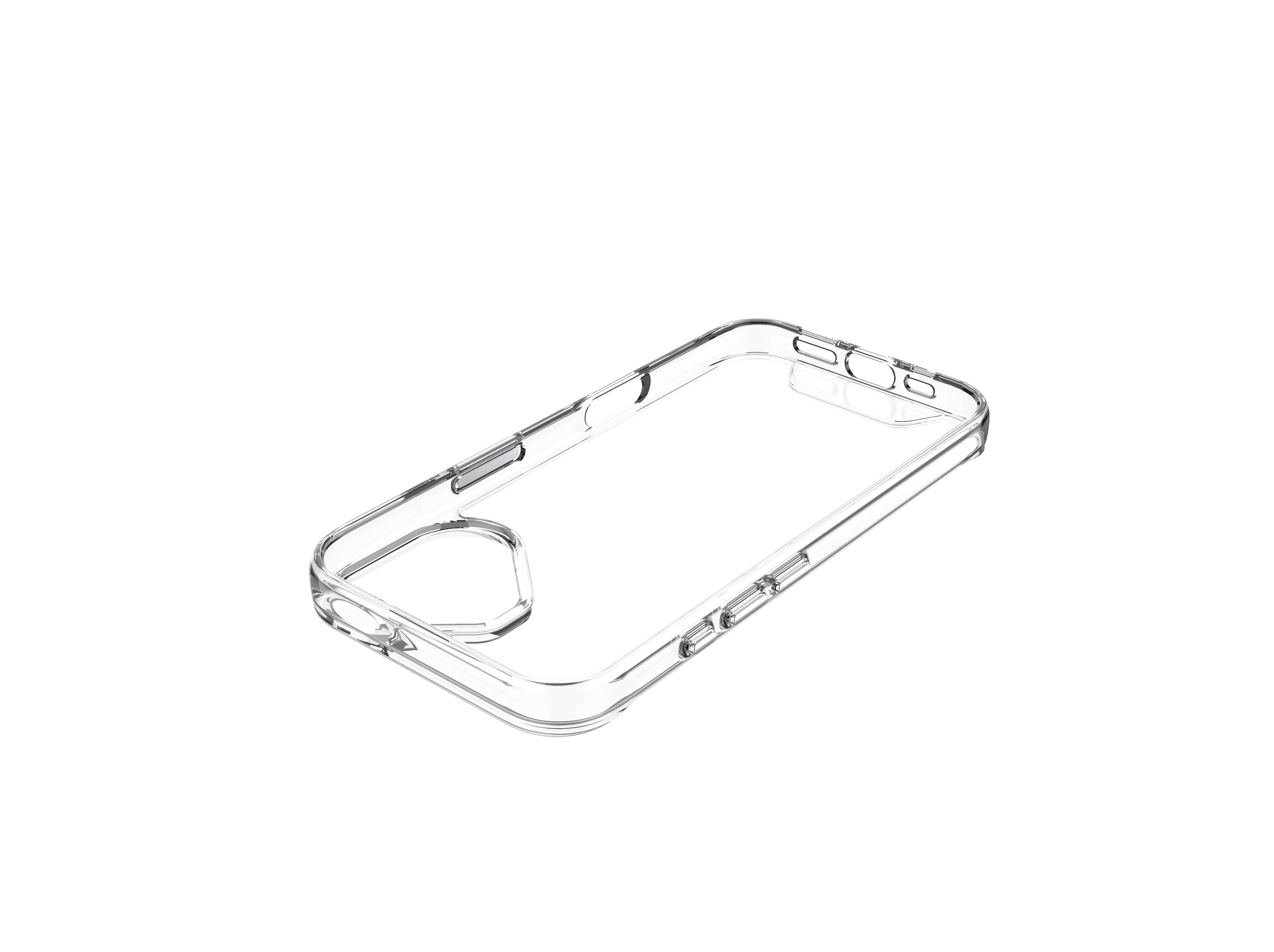 Eine transparente iPhone-Hülle. Die Hülle ist transparent und ermöglicht einen Blick auf die Rückseite.
