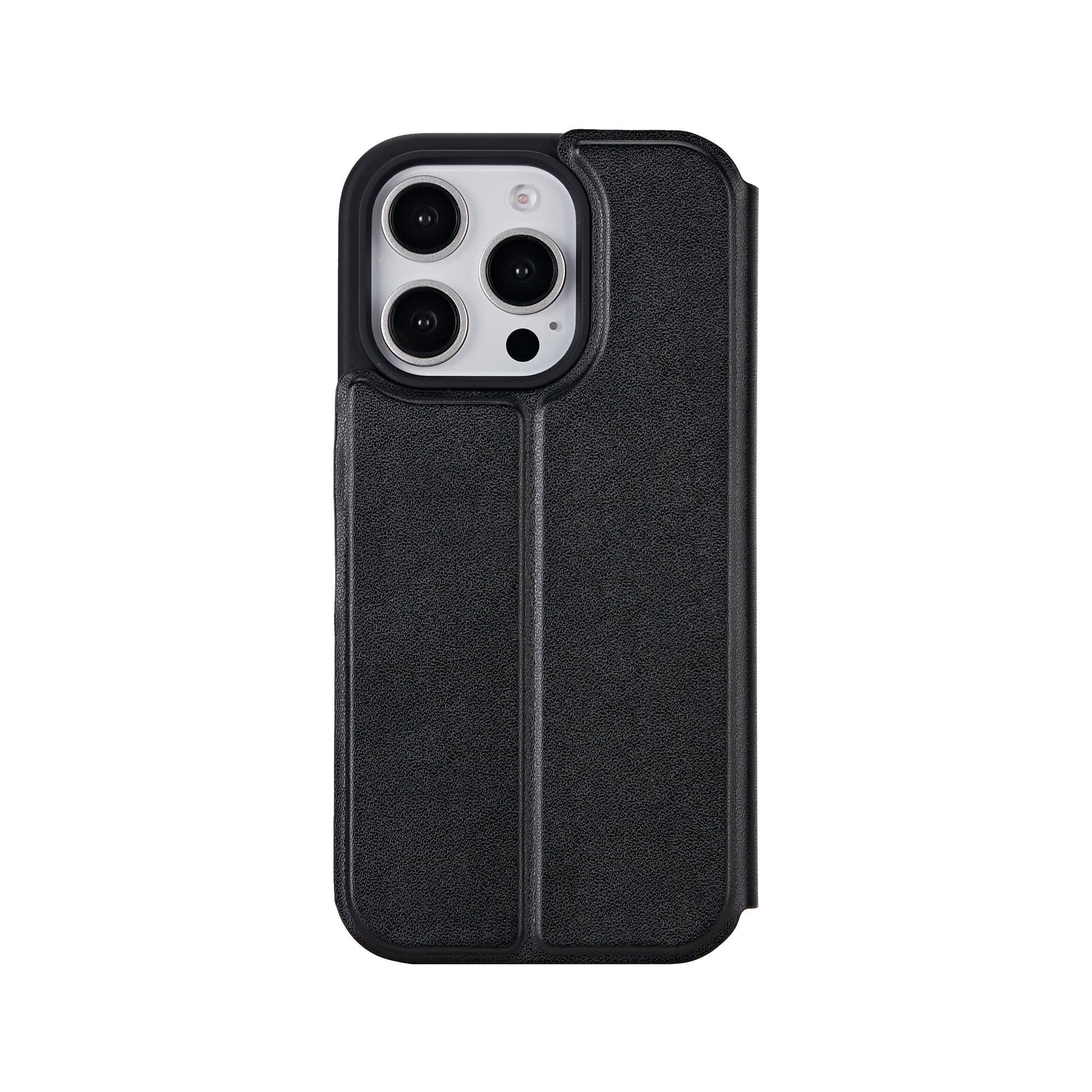 Ein schwarzes iPhone in einer schwarzen Lederhülle mit Magnetverschluss.