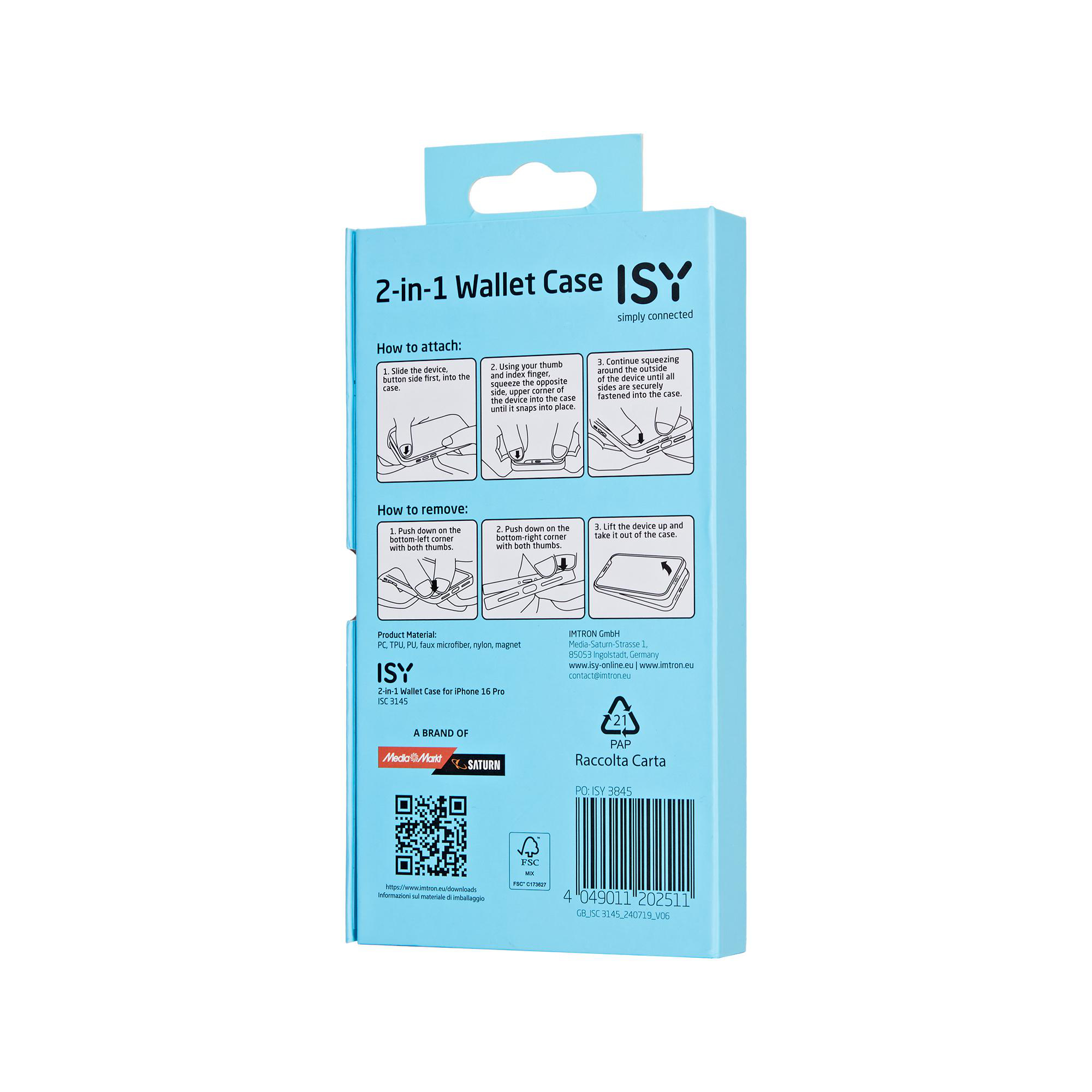 Eine Produktbox mit Anweisungen zum Anbringen und Entfernen einer 2-in-1-Geldbörsenhülle für ein Telefon.