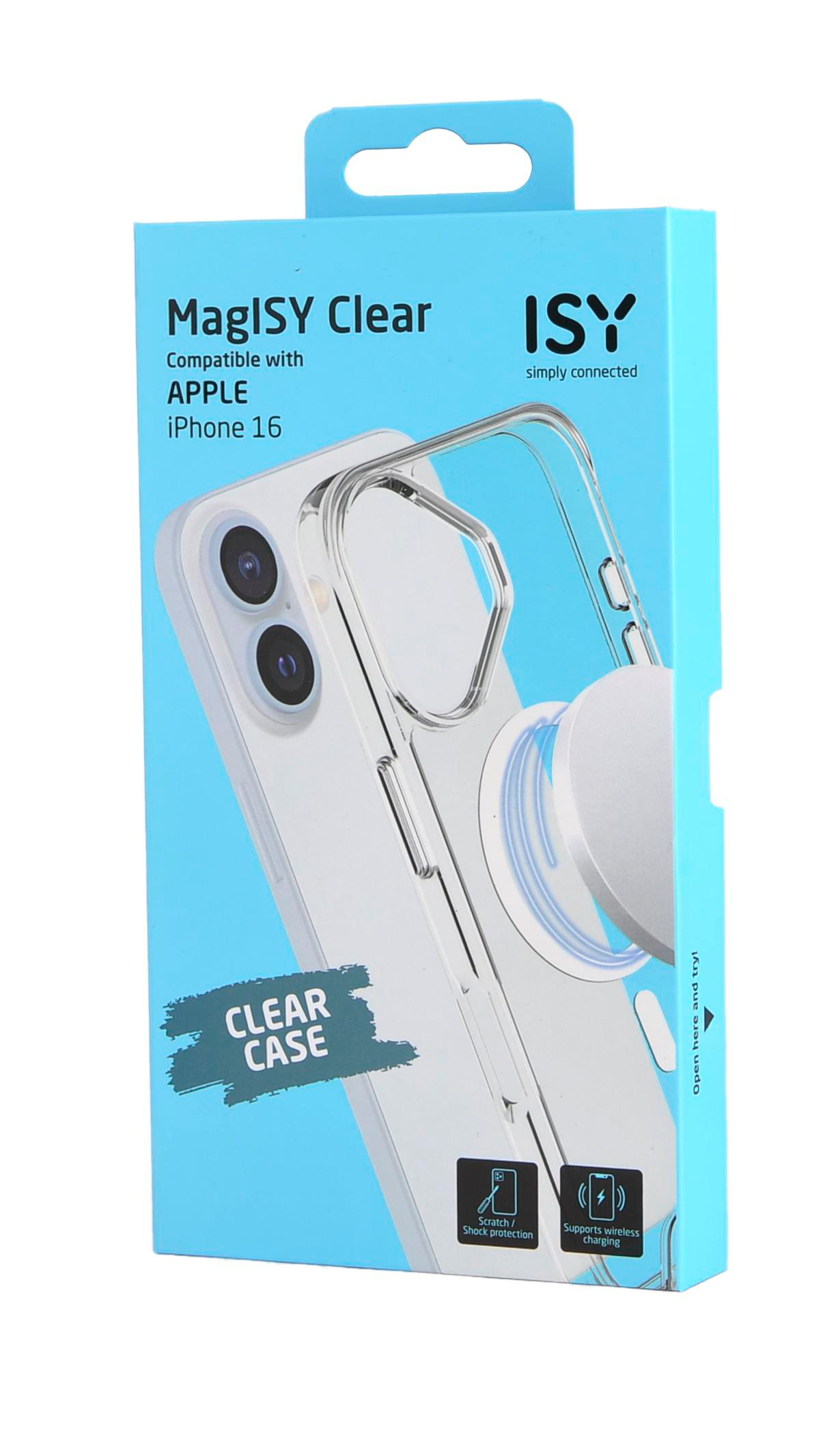 Eine Handyhüllenbox, blau und weiß mit einer transparenten Hülle. Die Hülle ist für ein iPhone 16, transparente Hülle mit Magnet.