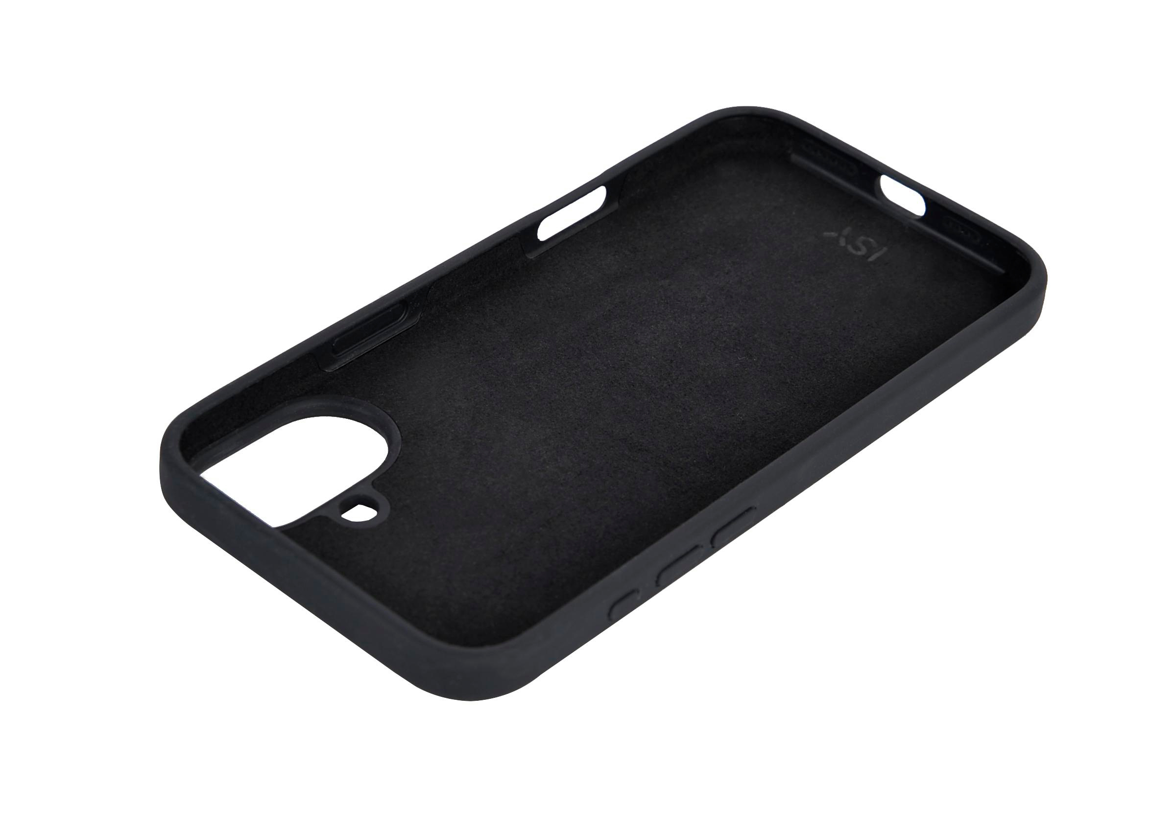 Schwarze iPhone-Hülle, Innenansicht. Zeigt eine glatte Oberfläche und Knopfausschnitte.