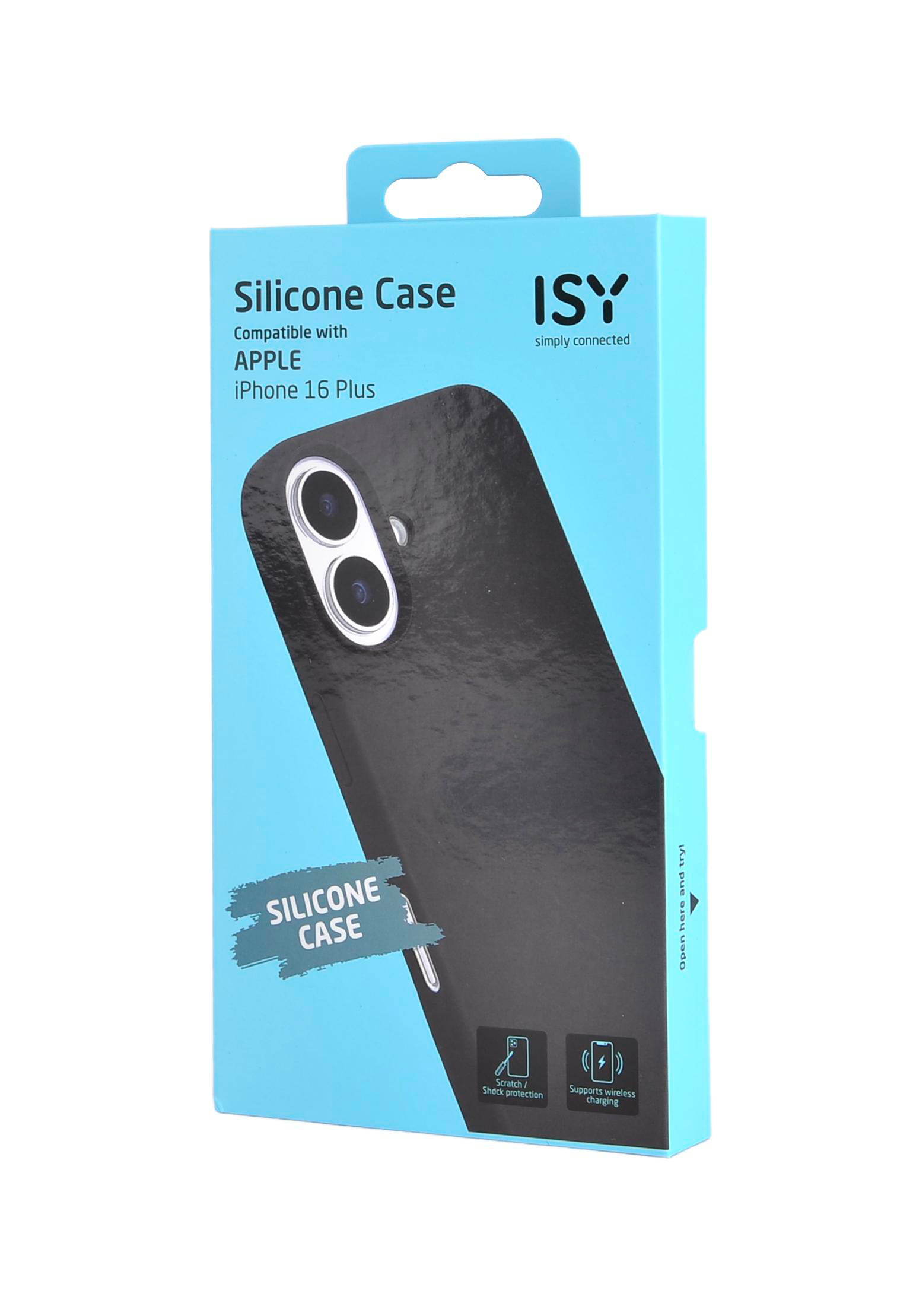 Schachtel einer schwarzen Handyhülle. Marke ISY, für iPhone 16 Plus. Text: Silicone Case.