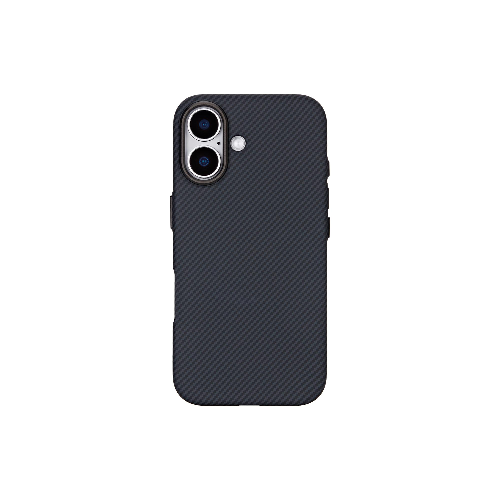 Eine schwarze Handyhülle mit Carbonfaser-Textur und Öffnungen für zwei Kameras.
