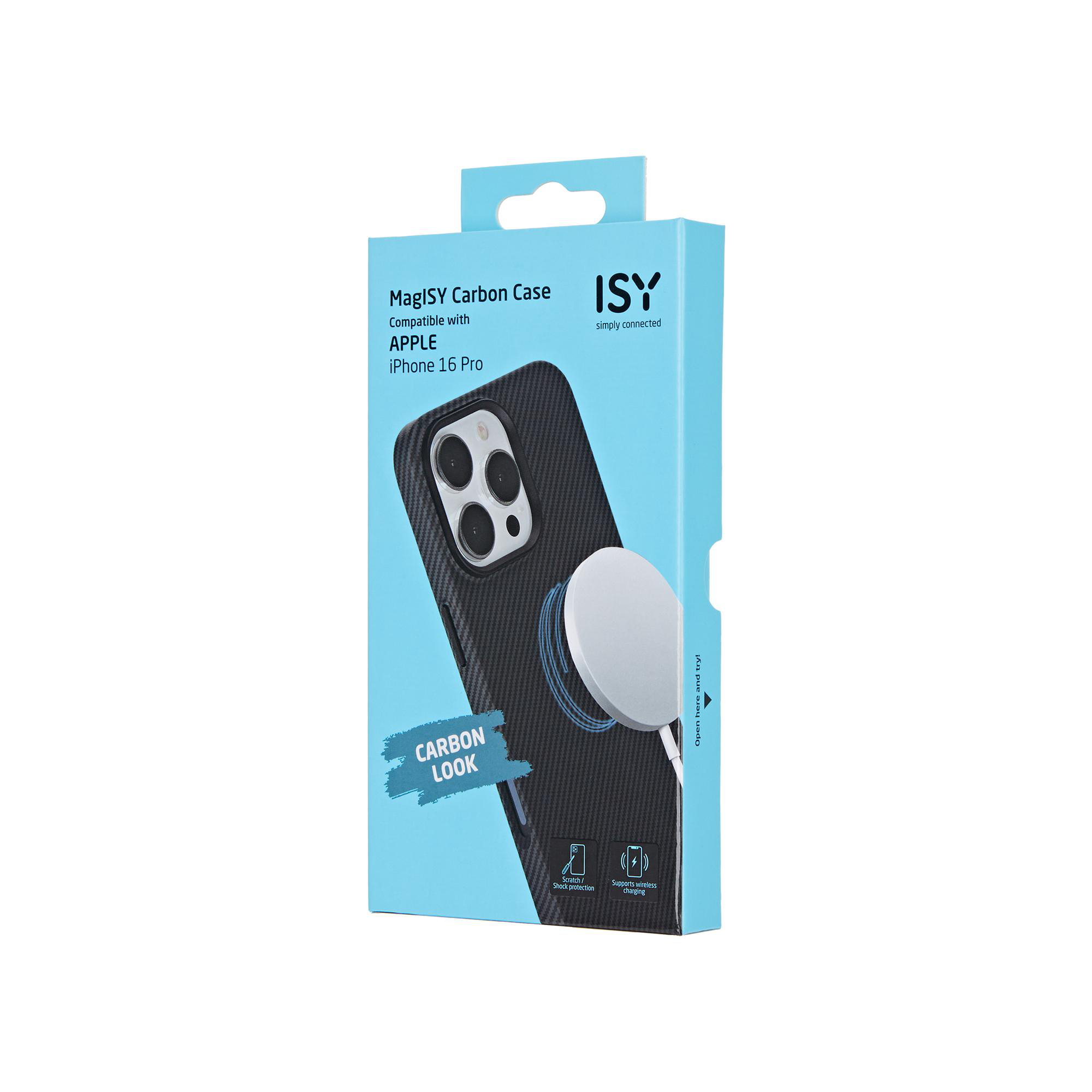 Schwarze Carbonfaser-iPhone-Hülle in Verpackung, Markenname und Funktionen.