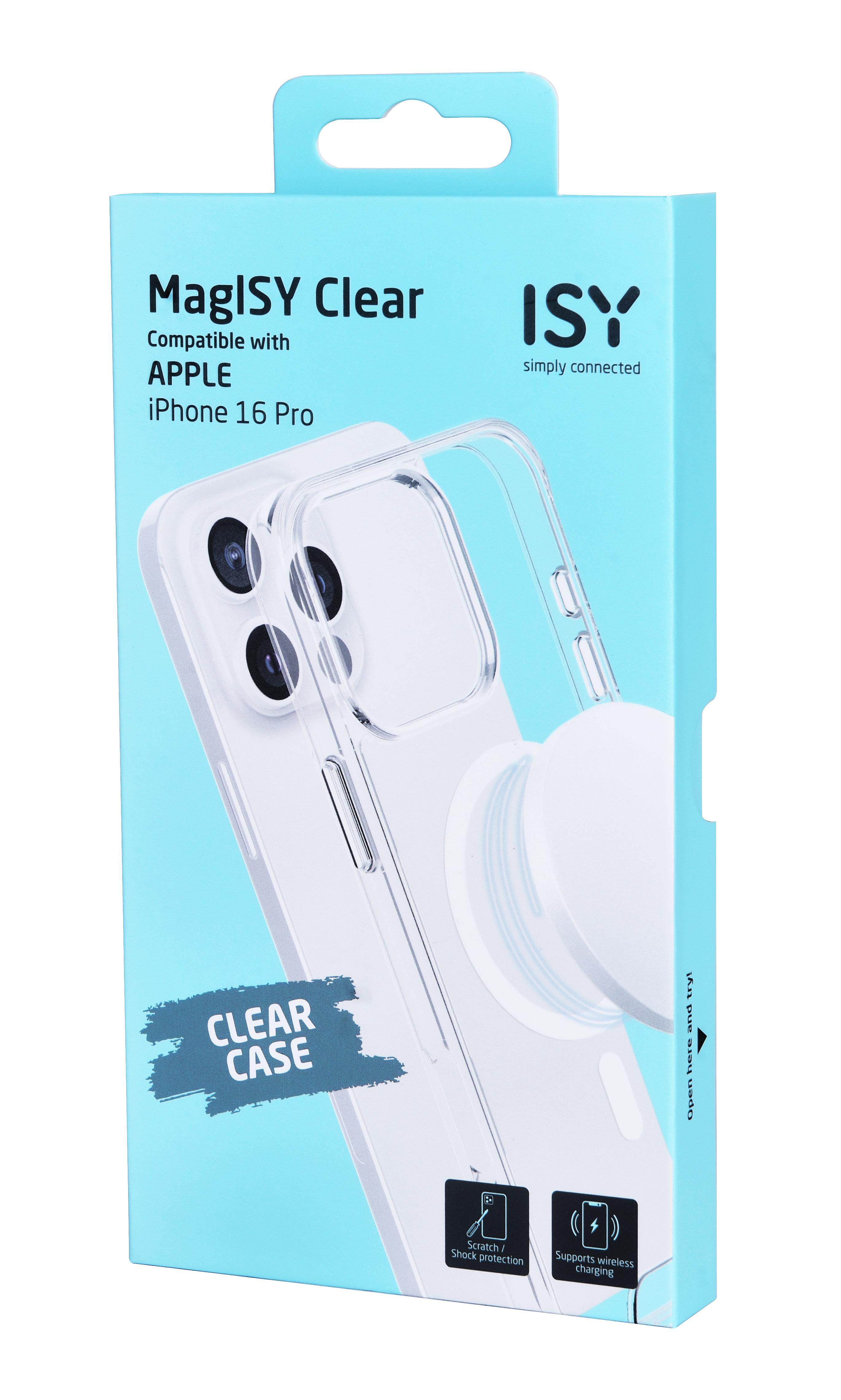 Eine transparente iPhone-Hülle in ihrer Box. Die Box ist blau, mit der Hülle und einer weißen Scheibe.