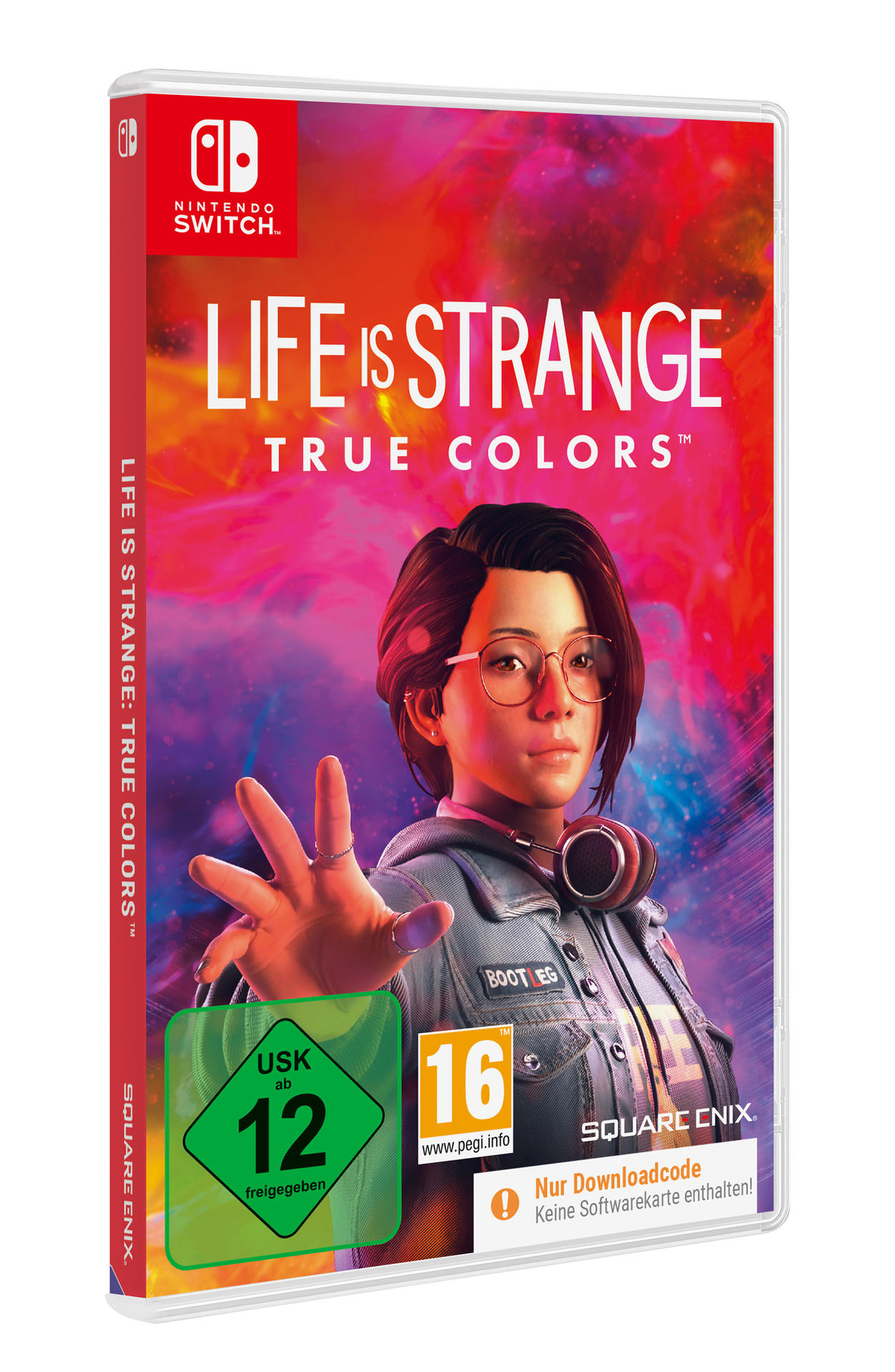 Nintendo Switch-Spielbox. Cover zeigt Frau mit Brille, Hand erhoben.