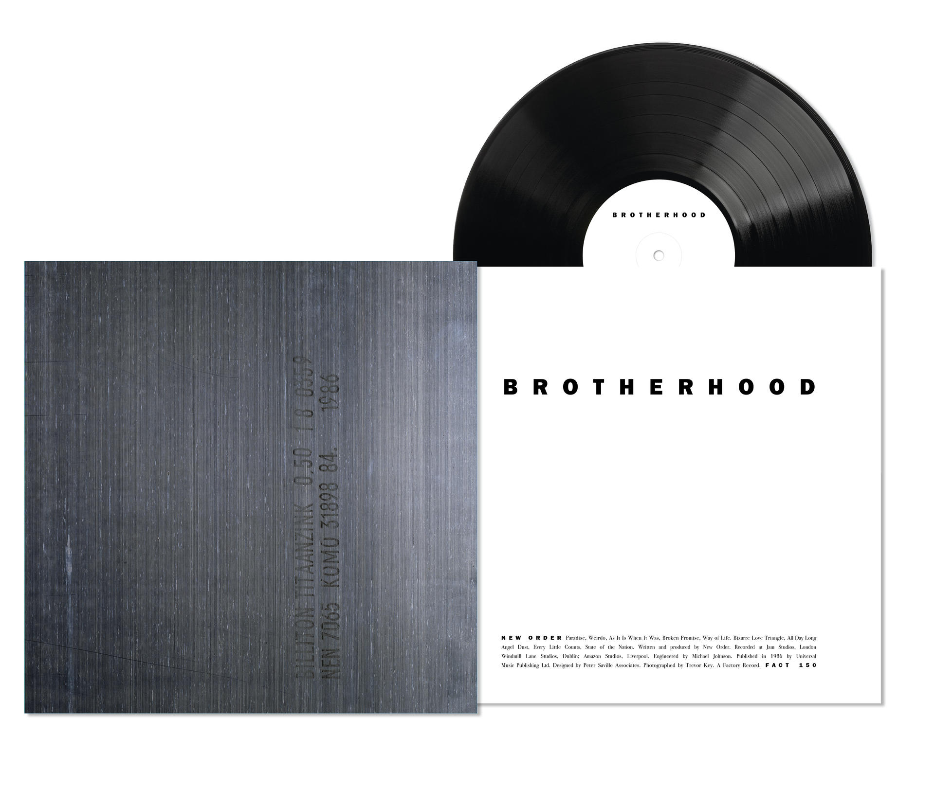 Eine New Order Vinyl-Schallplatte und Hülle, schwarze Scheibe, weißes Etikett, graue Hülle mit Text.