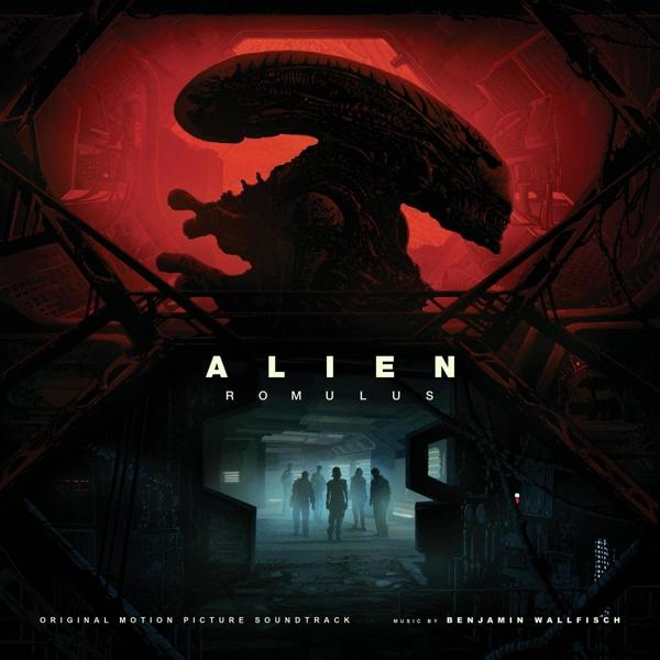 Alien: Romulus Filmplakat. Zeigt eine Kreatur in einem Tunnel mit Text und Personen.