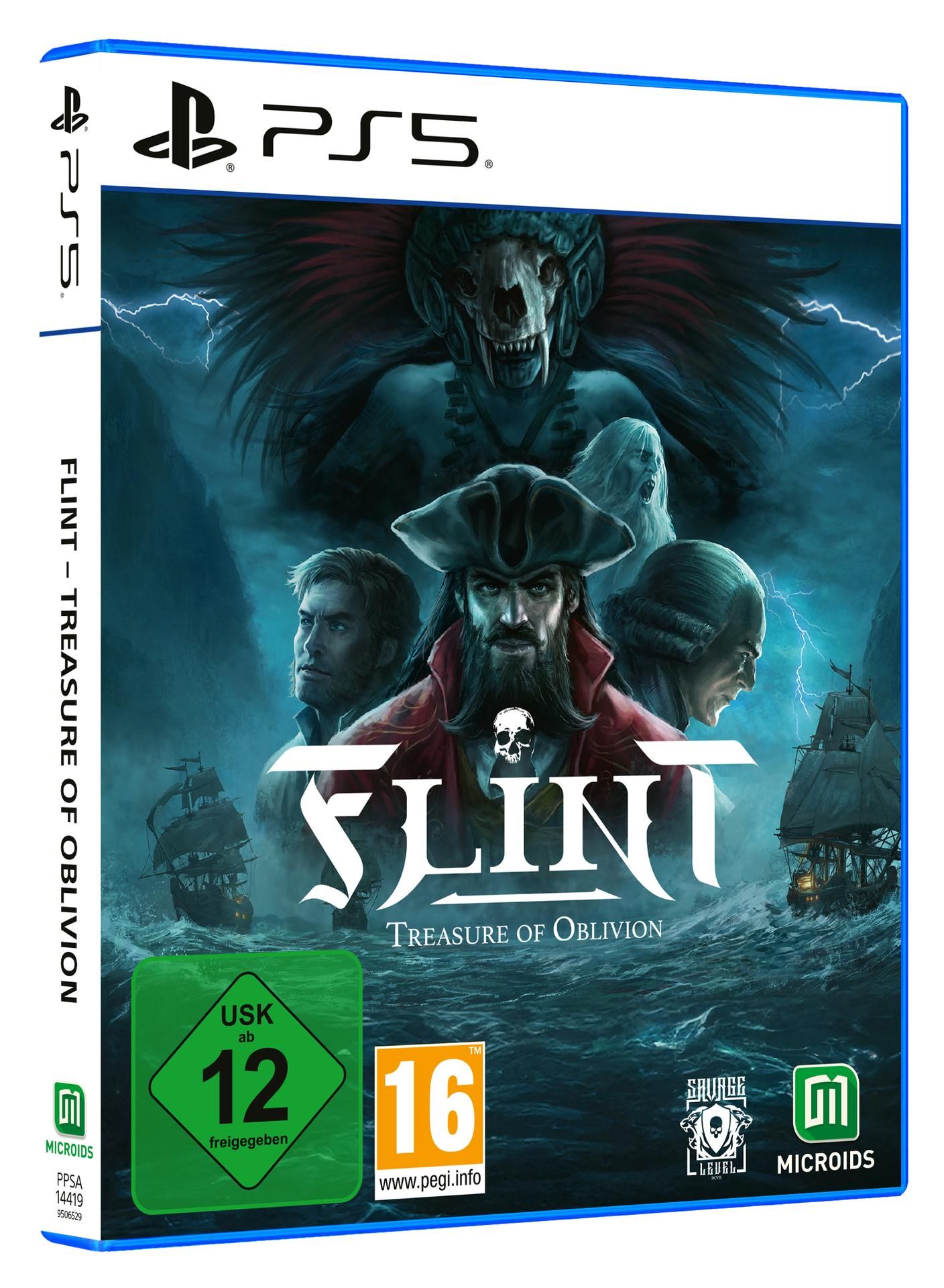 Eine Videospielbox für Flint: Treasure of Oblivion, mit Piratenkunst und einem PS5-Logo.