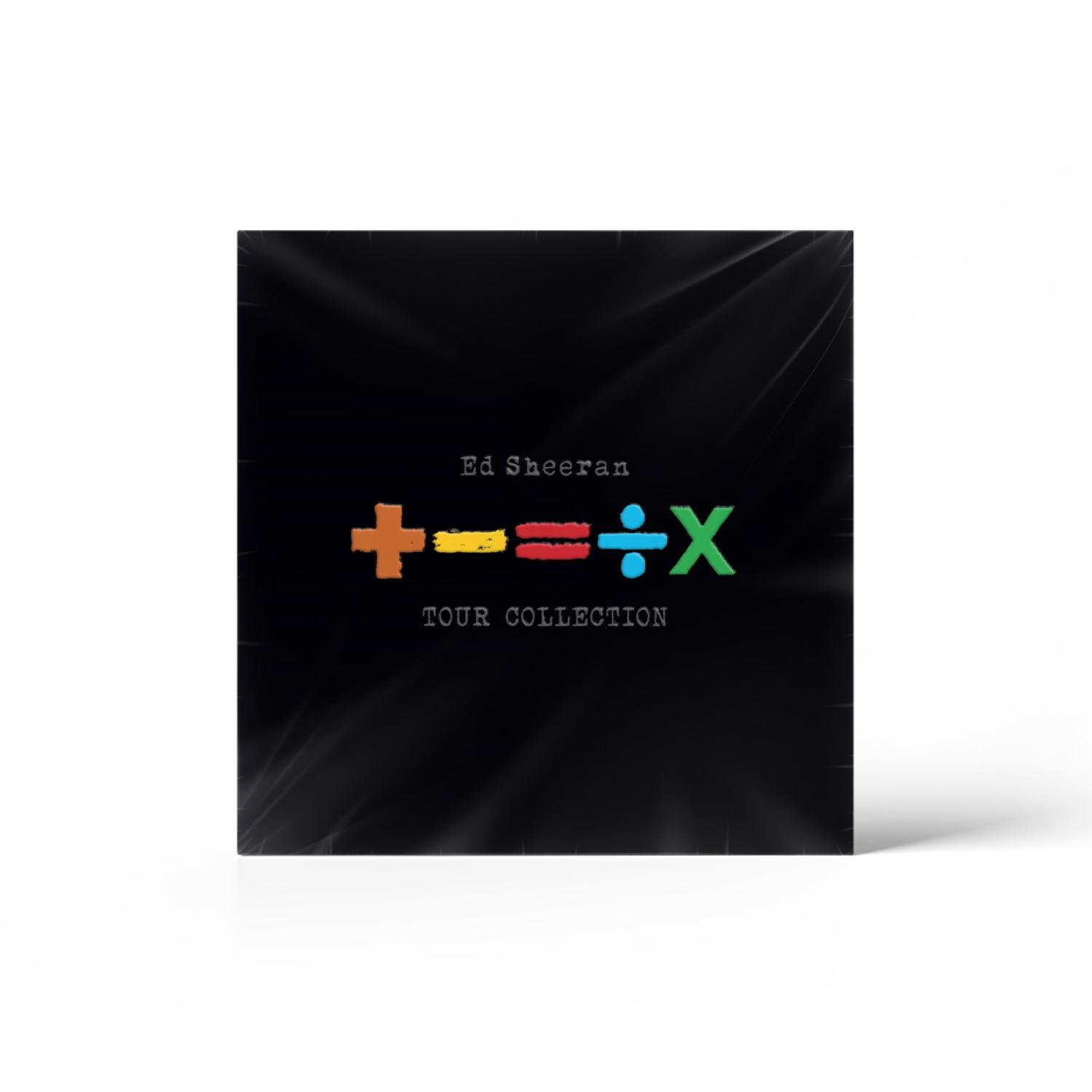 Schwarzes Albumcover für Ed Sheerans Tourkollektion, farbenfrohe Symbole und Text sichtbar.