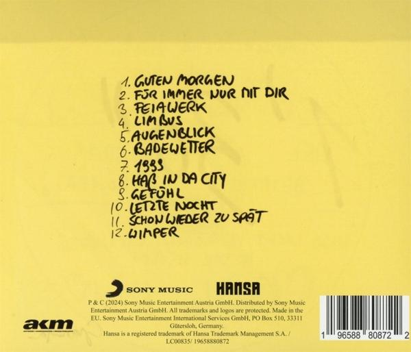 Rückseite einer CD-Hülle mit handgeschriebenen Songtiteln, Künstlernamen und Copyright-Infos, mit Barcode.