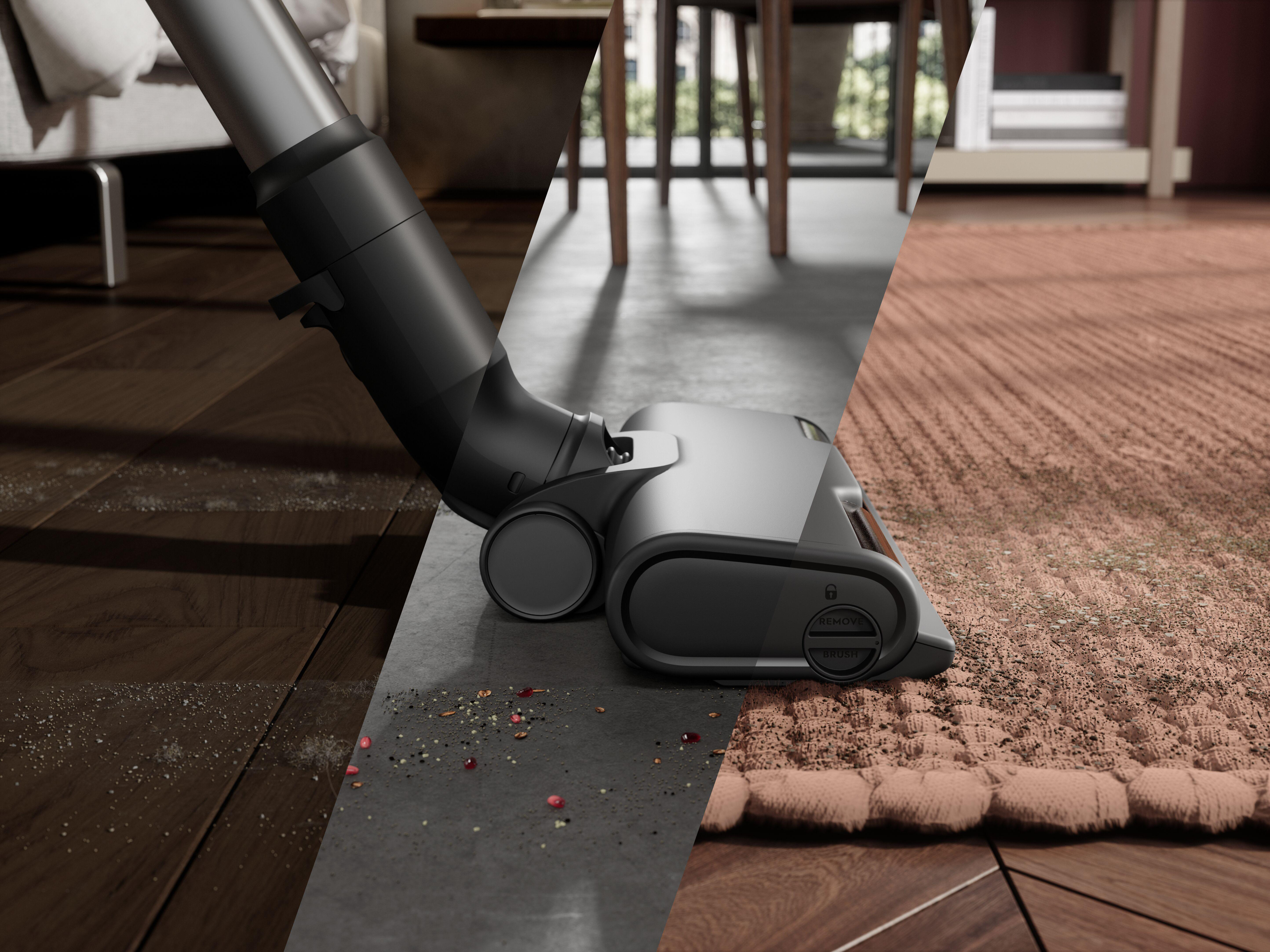 Staubsaugerkopf auf drei verschiedenen Oberflächen: Holz, Beton und Teppich.