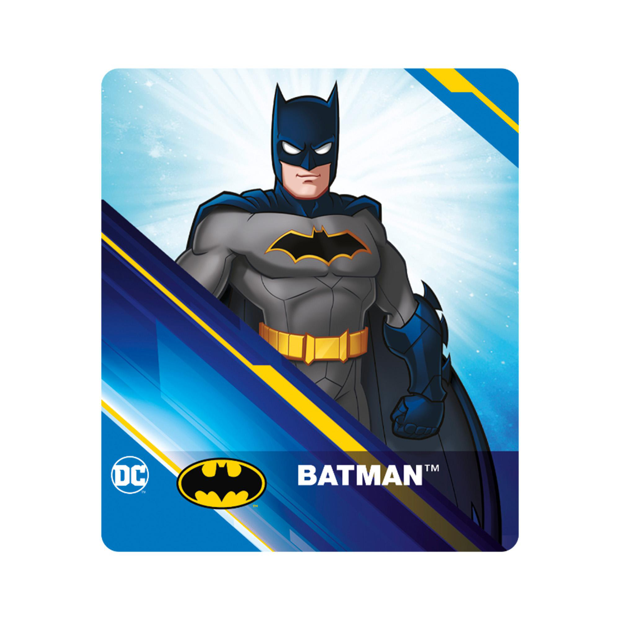Batman-Illustration auf blau-weißem Hintergrund mit DC- und Batman-Logos.