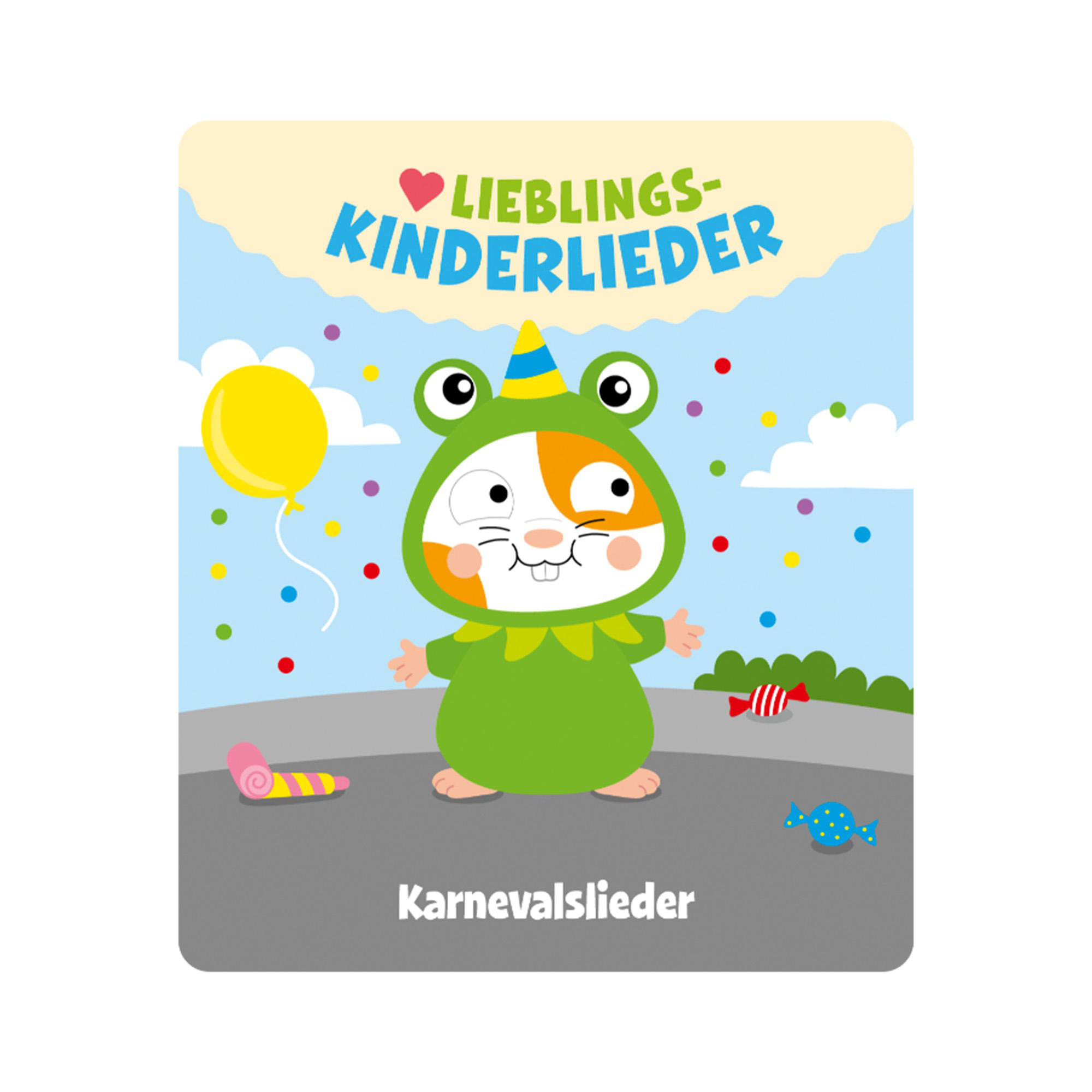 Kinderbuchcover: eine Froschfigur, betitelt 'Lieblings Kinderlieder', mit bunten Elementen.
