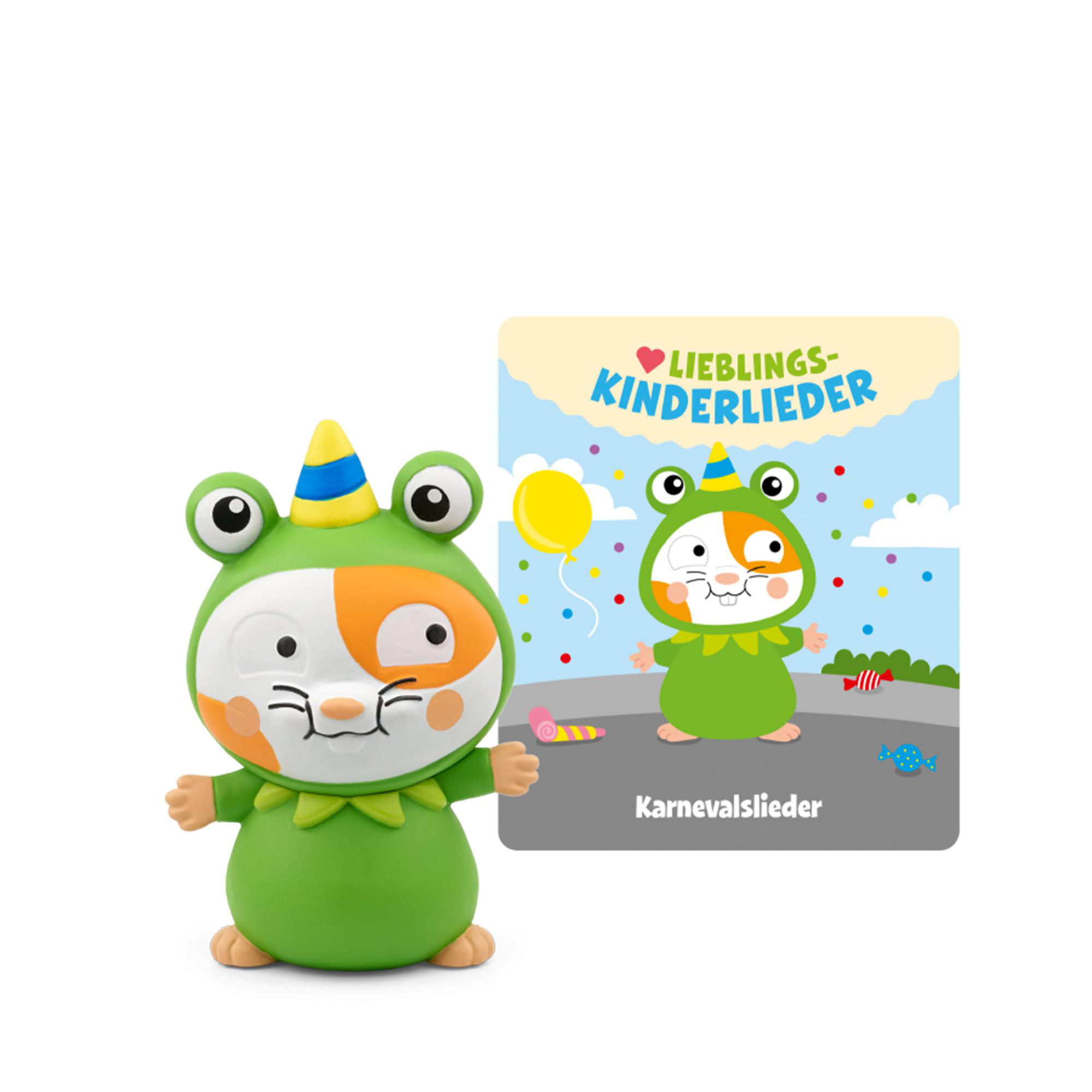Grünes froschartiges Spielzeug mit einem Buch. Das Buch zeigt einen Frosch mit Partyhut.