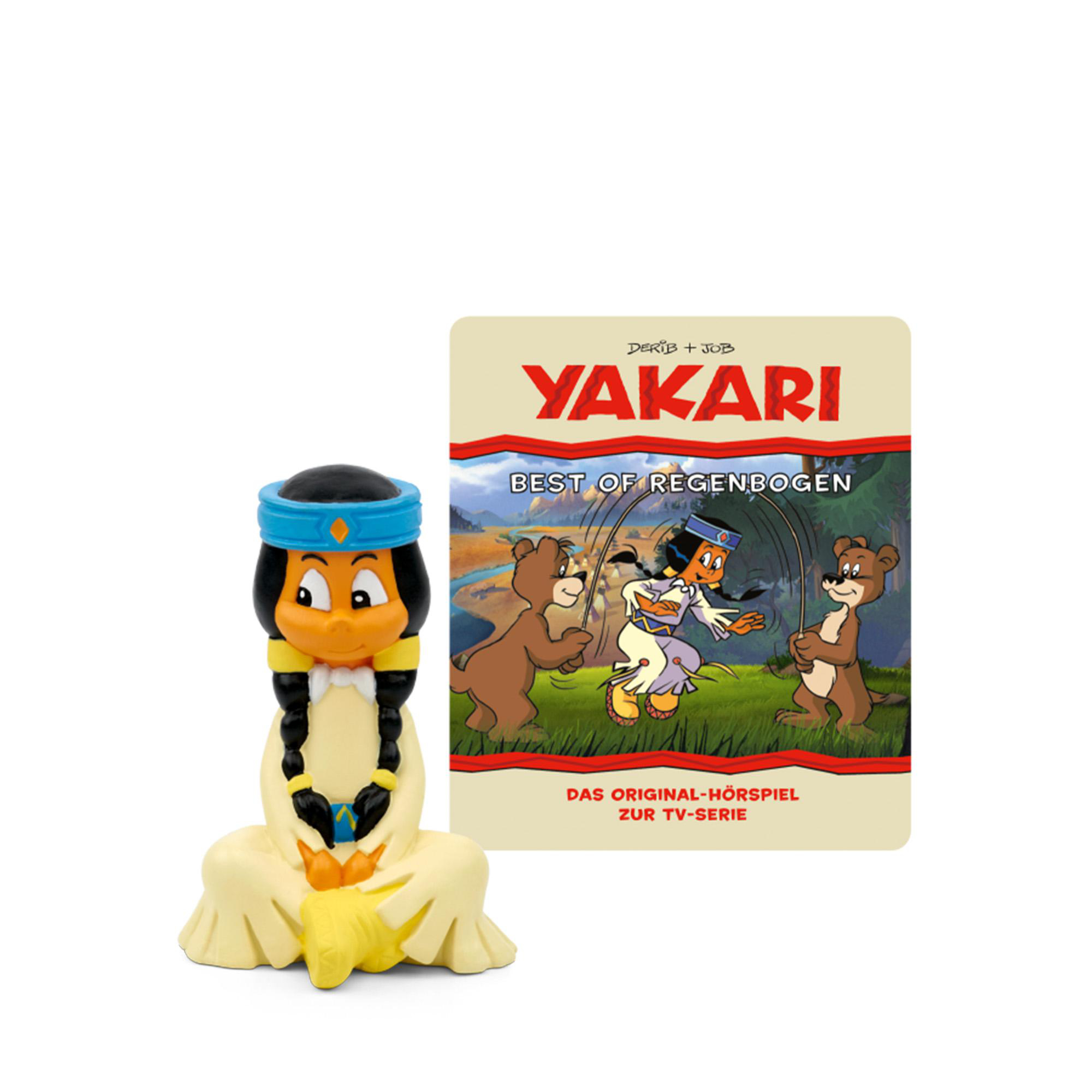 Eine Yakari-Figur. Ein Cartoon-Cover mit Bären, Yakari und einem indianischen Mädchen.