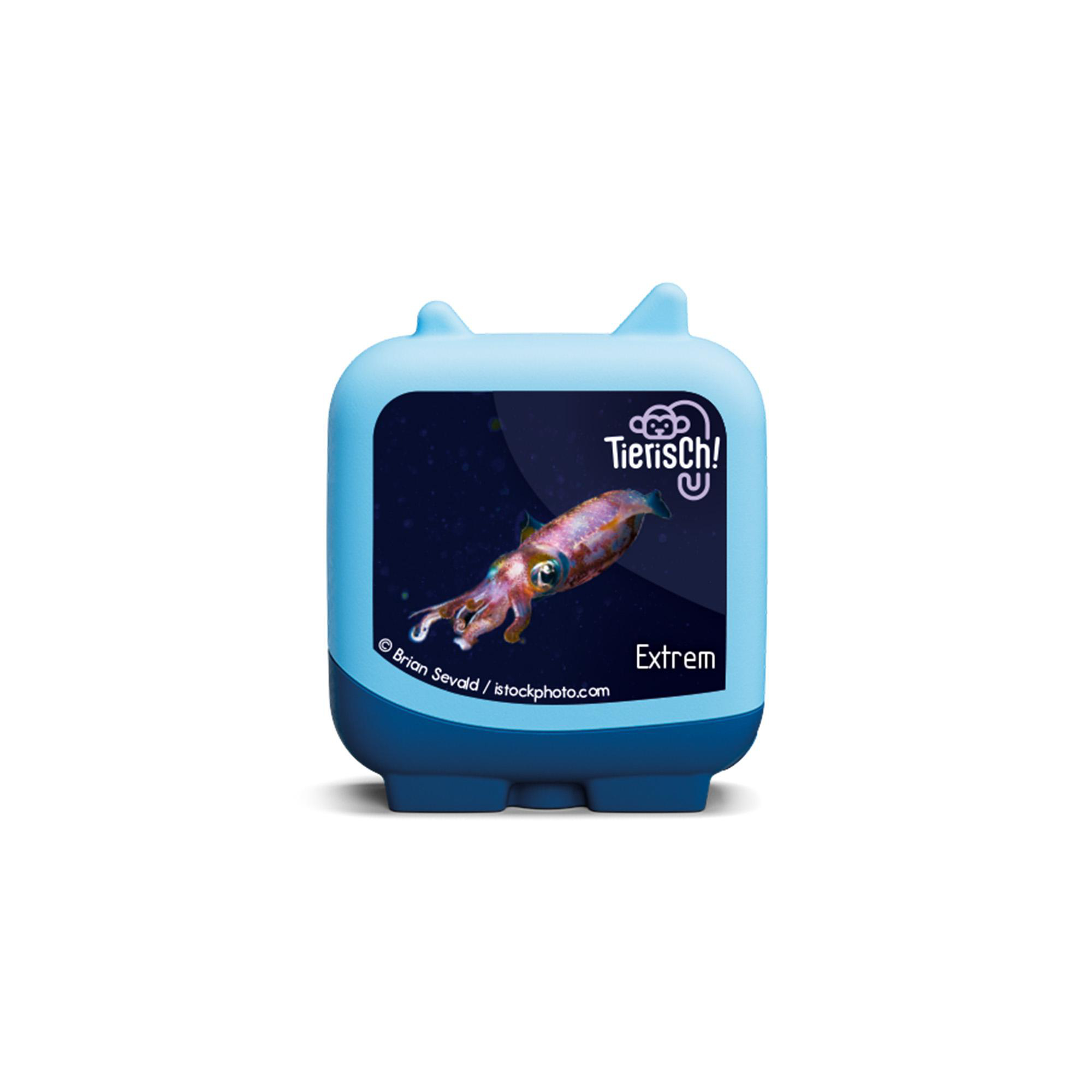 Blaues Spielzeug mit Tintenfisch-Grafik und dem Text 'Tierisch!', weißer Hintergrund.