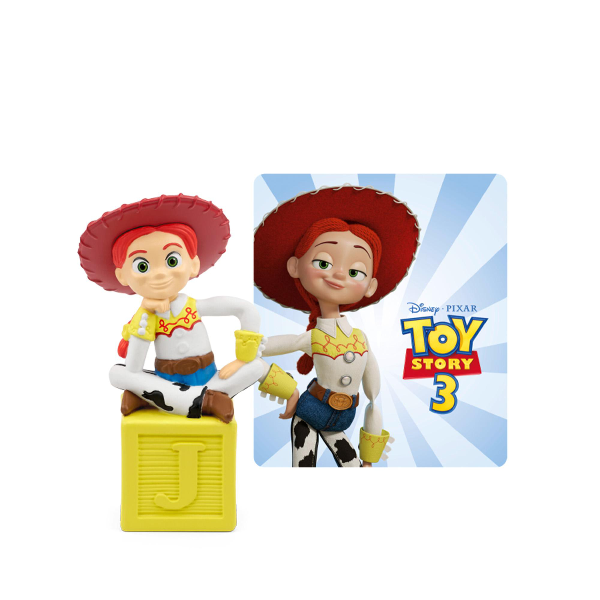 Toy Story Jessie Figur sitzt auf einem Block mit einem Filmplakat im Hintergrund.