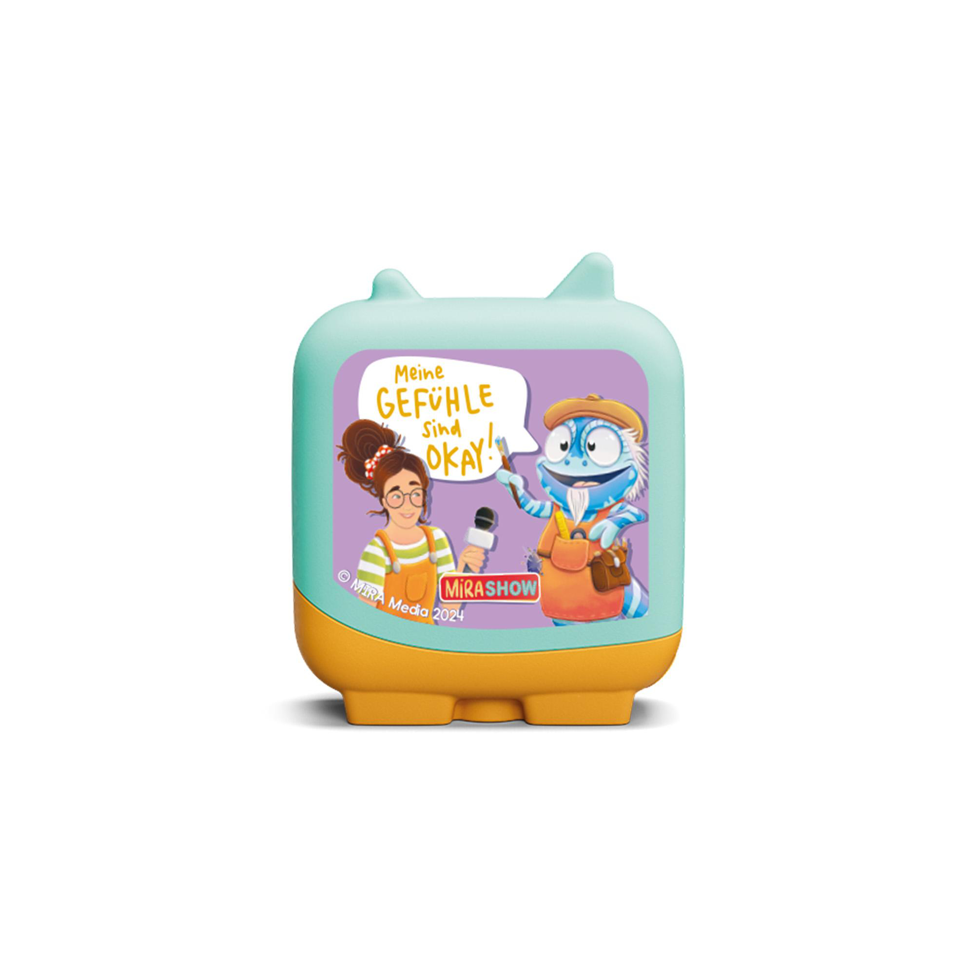 Cartoon-Spielzeug mit blauem Monster und Mädchen. Text: 'Meine Gefühle sind okay!' und Mirashow-Logo.