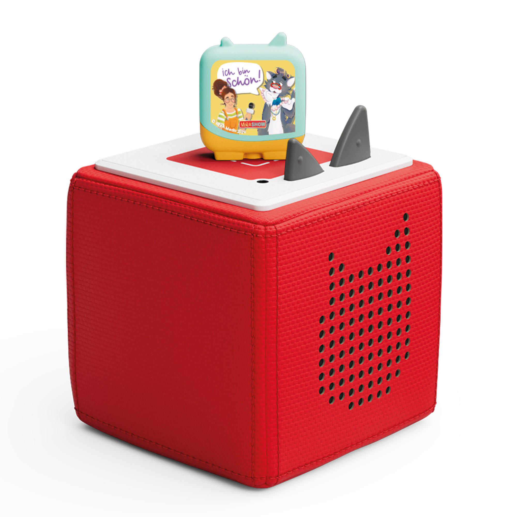 Ein roter Würfel mit Lautsprecher, eine blaue Box mit Cartoon und zwei graue Haifischflossen oben.
