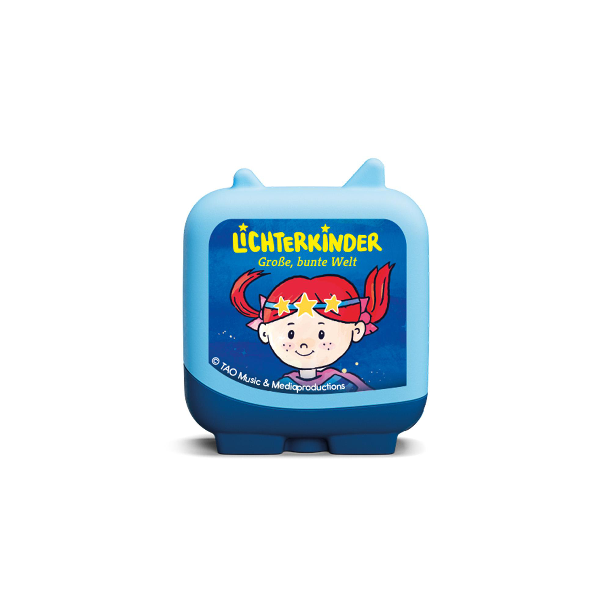Blaues Spielzeug mit Cartoon-Mädchen, Text: Lichterkinder.