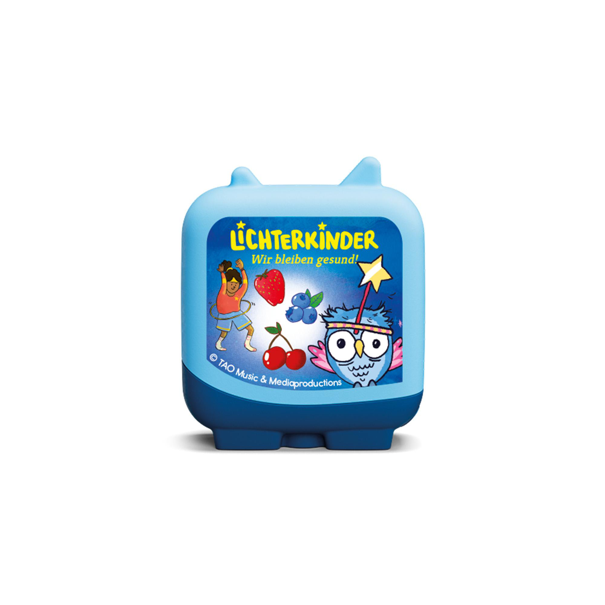 Blaues Spielzeug mit Cartoonfiguren. Text 'Lichterkinder' und Gesundheits-Thema.
