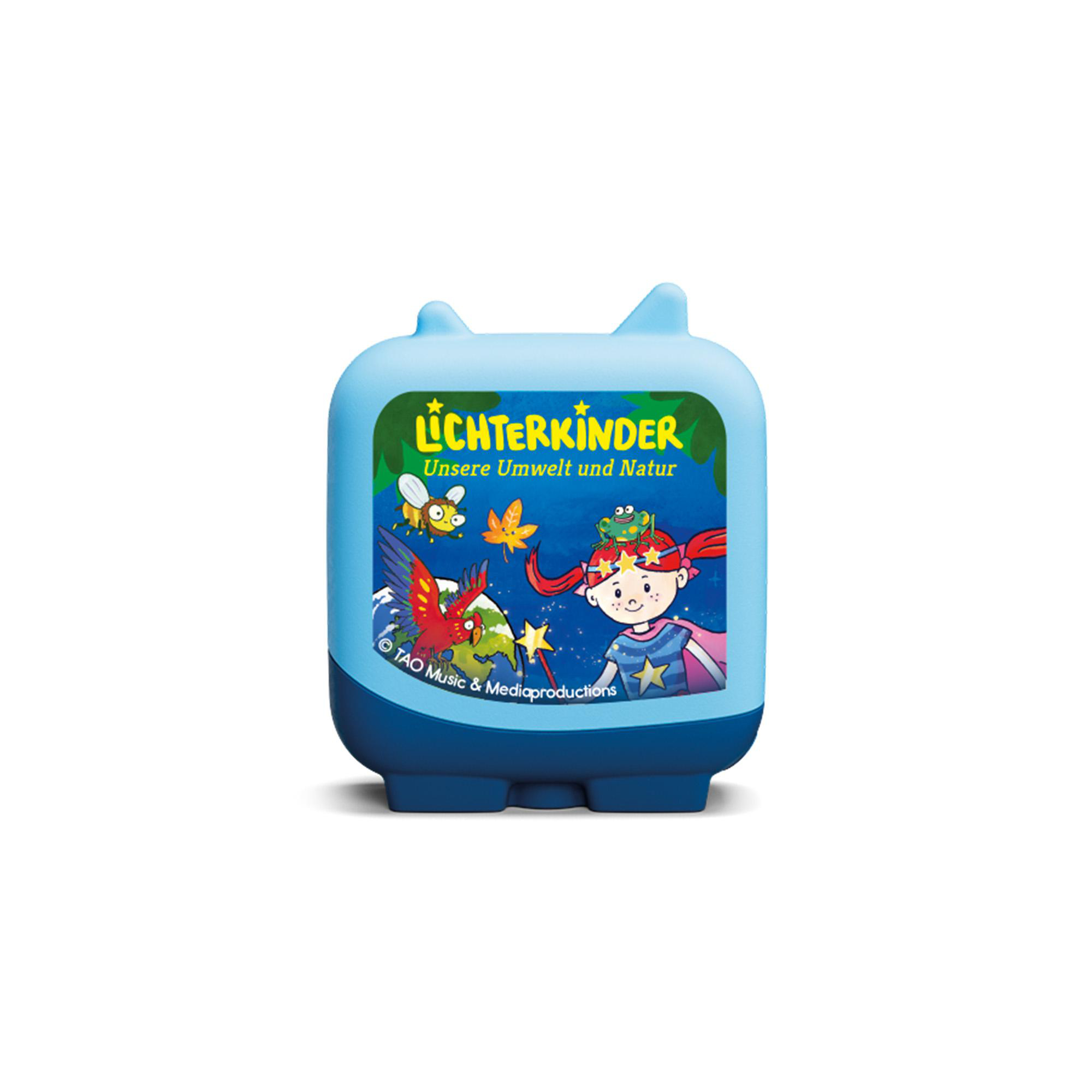 Blaues Spielzeug mit Zeichentrickfiguren und Text.