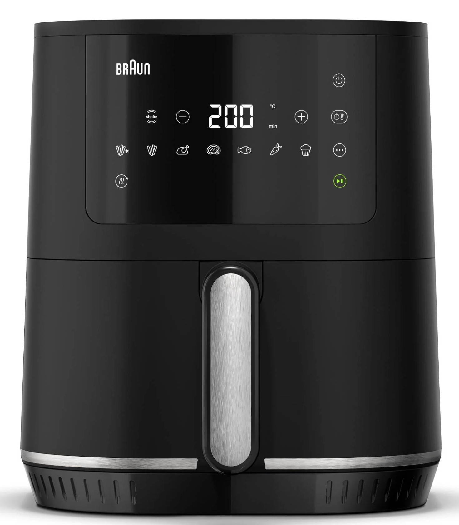 Czarna frytkownica powietrzna z cyfrowym wyświetlaczem i srebrnym uchwytem. Posiada wiele ikon funkcji.