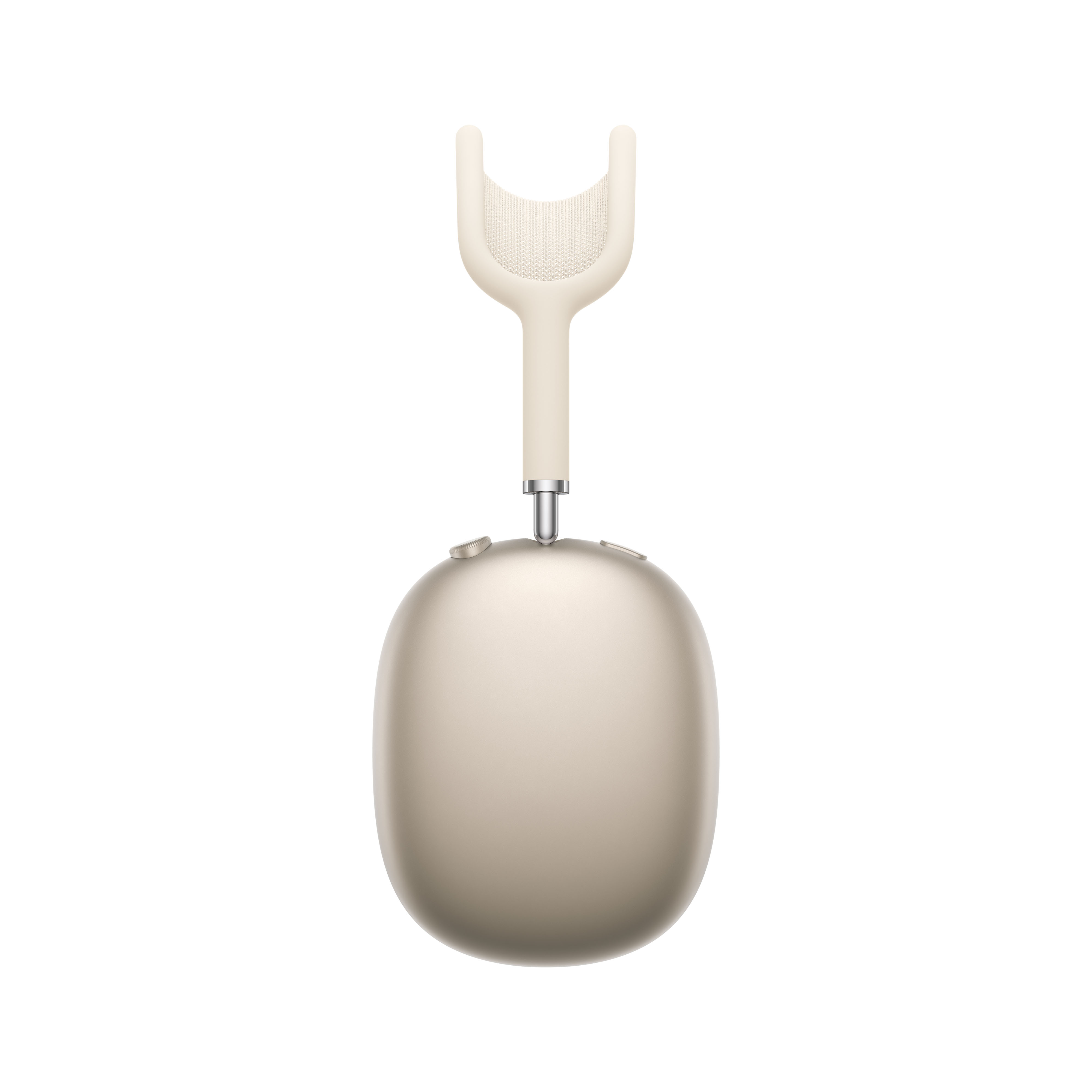 Beige Kopfhörer mit weißem Nackenband, isoliert auf weißem Hintergrund.