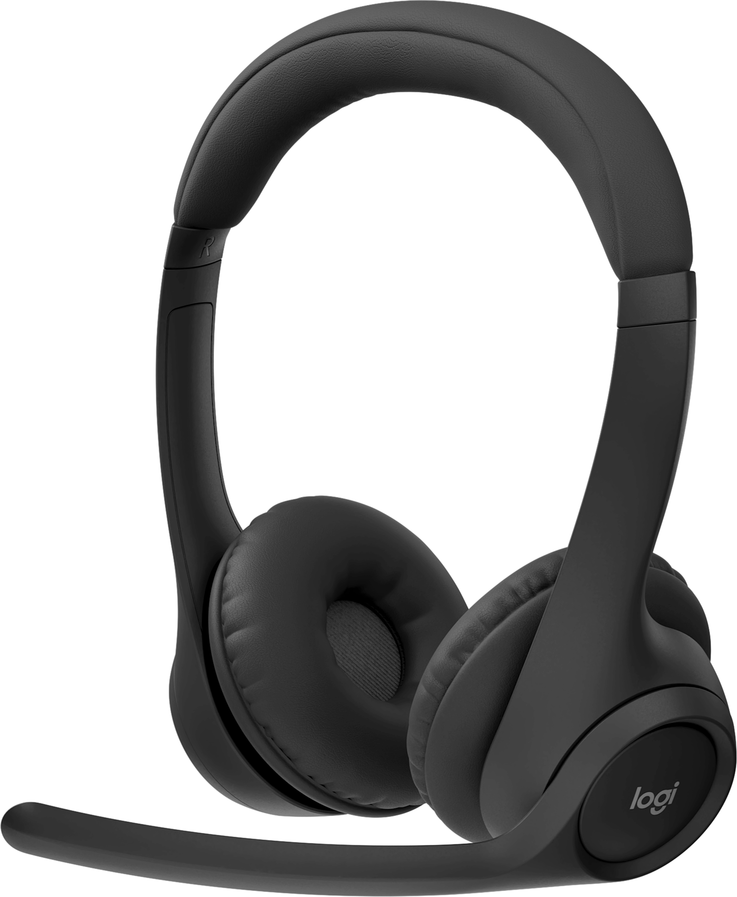 Schwarzes Logitech-Headset mit Mikrofon. Headset mit Ohrmuscheln und einem Mikrofonarm.
