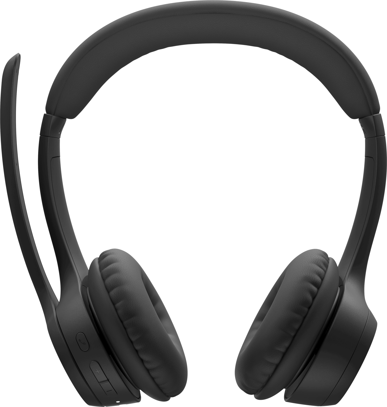 Schwarzer Over-Ear-Kopfhörer mit Mikrofon, leicht nach links geneigt.