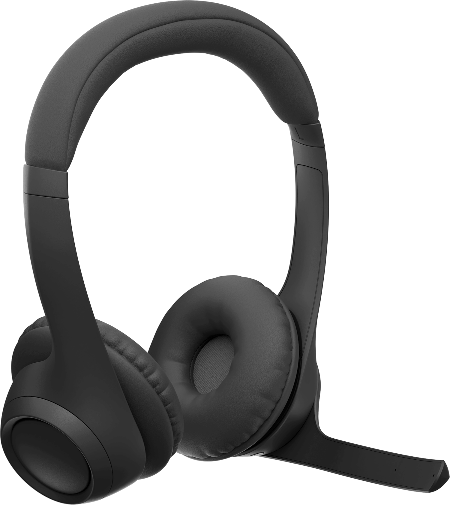 Schwarzes Headset mit Ohrmuscheln und Mikrofon vor weißem Hintergrund.