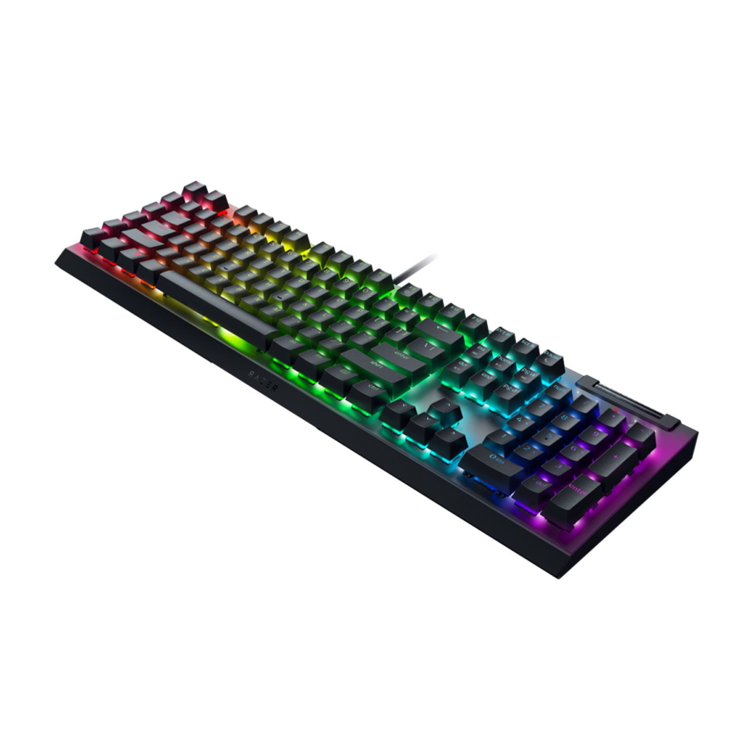 Tastiera meccanica nera con tasti color arcobaleno. L'illuminazione brilla attraverso i tasti e il telaio neri.