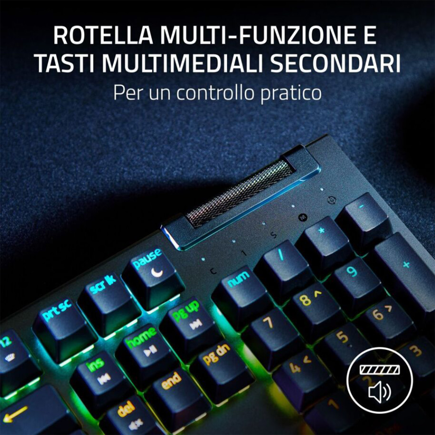 Primo piano di una tastiera nera con tasti illuminati. Alcuni tasti sono colorati e la parte superiore ha un quadrante.