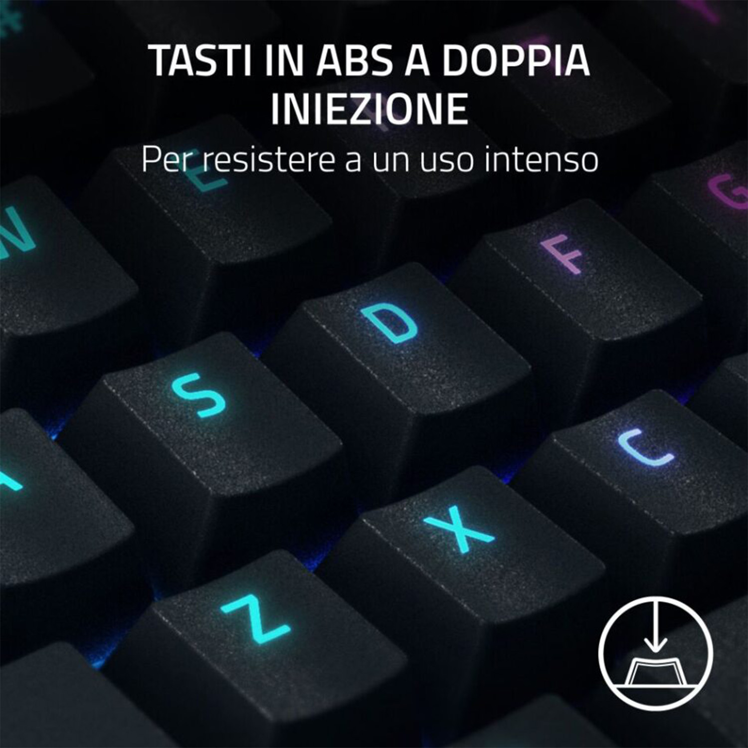 Primo piano di una tastiera con tasti illuminati, che mostra le lettere S, D, F, X e Z.
