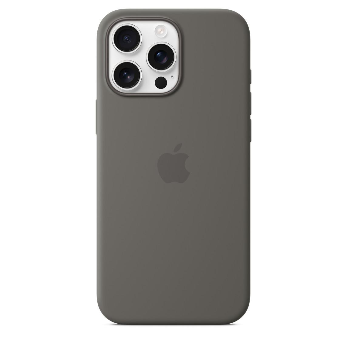Dunkelgraues iPhone mit drei Kameras in passendem grauen Case.