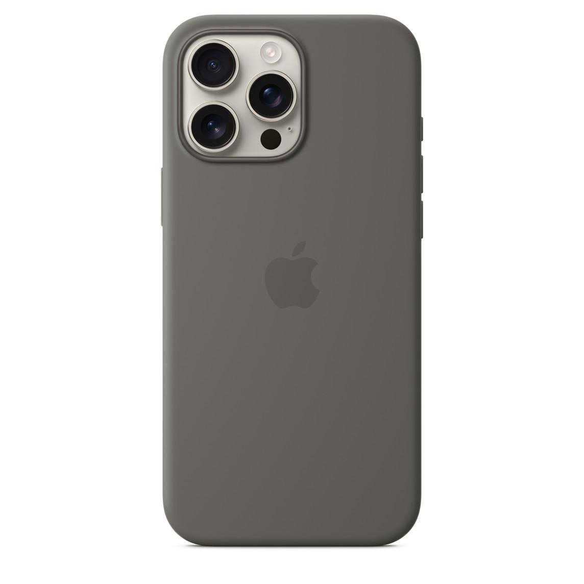 Eine graue Handyhülle mit Apple-Logo, die die Rückseite eines Telefons mit Dreifachkamera bedeckt.