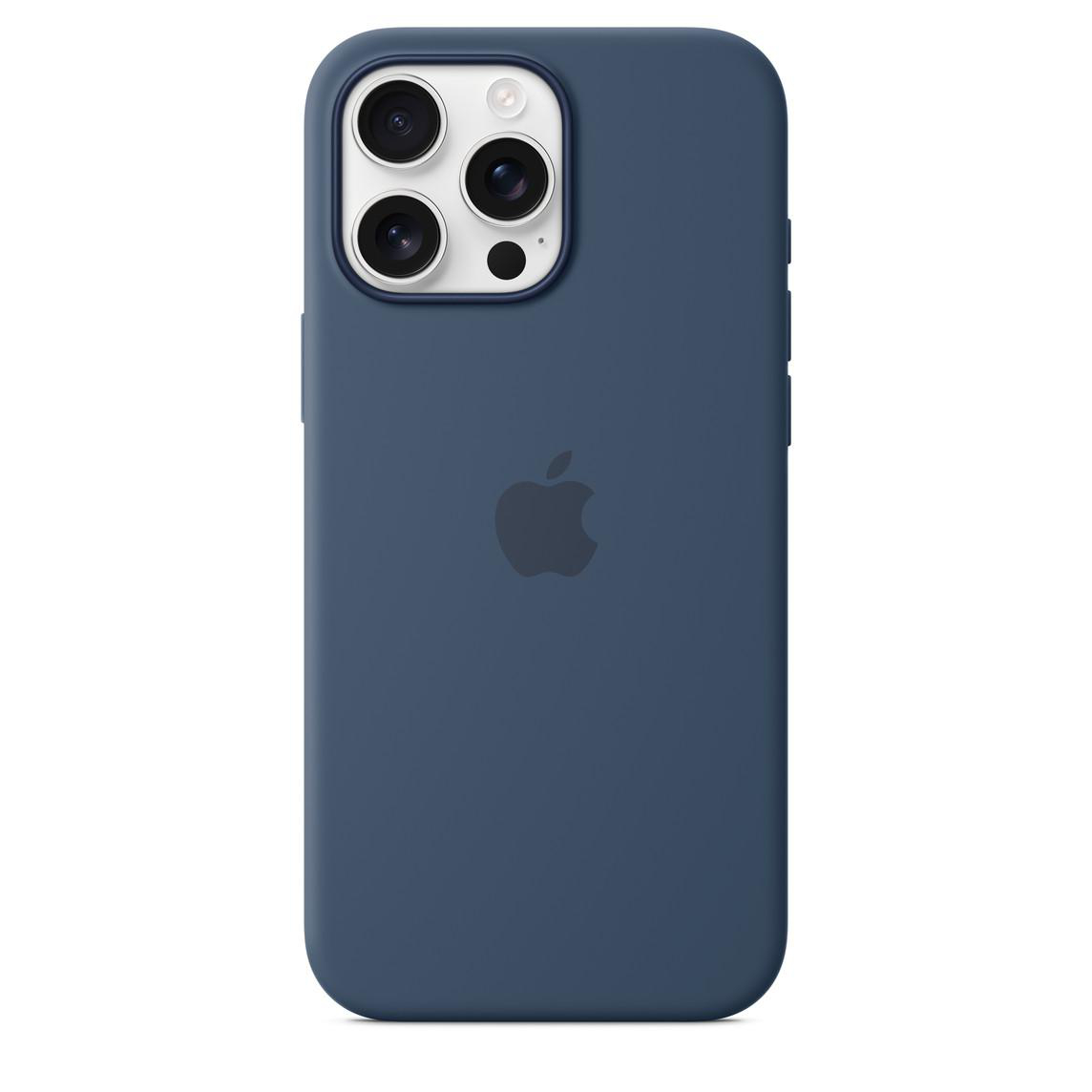 Blaue iPhone-Rückseite mit Apple-Logo.