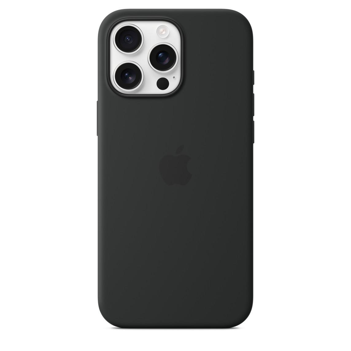 Ein schwarzes iPhone 15 Pro Max, mit sichtbarer Kamera. Die Hülle ist schwarz.