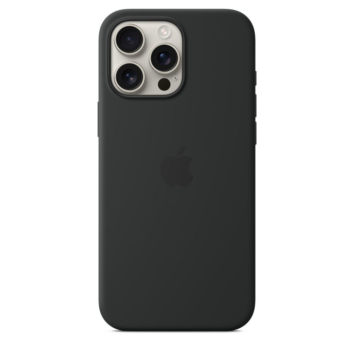 Schwarze iPhone-Hülle mit drei Kameralinsen und mattem Finish, mit dem Apple-Logo auf der Rückseite.