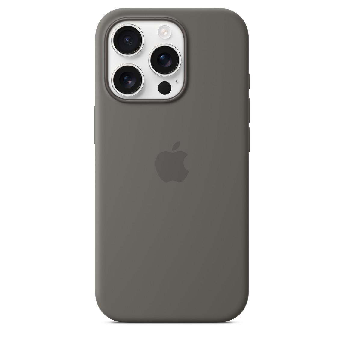 Graue iPhone-Hülle mit drei Kameras und weißem Apple-Logo.
