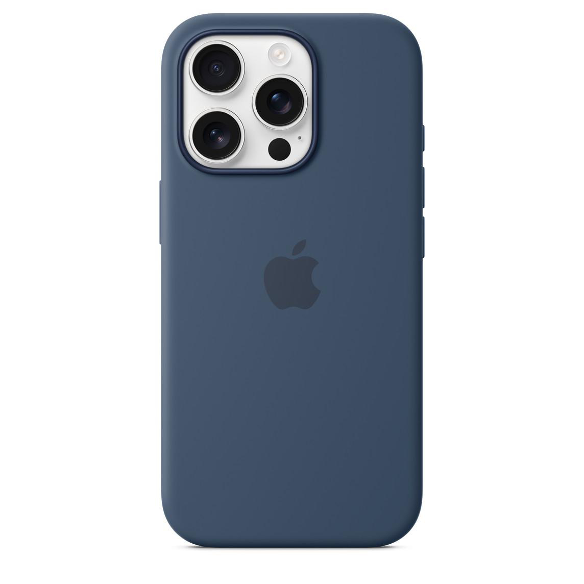 iPhone 15 Pro Hülle in tiefblauer Farbe mit Apple-Logo auf der Rückseite.