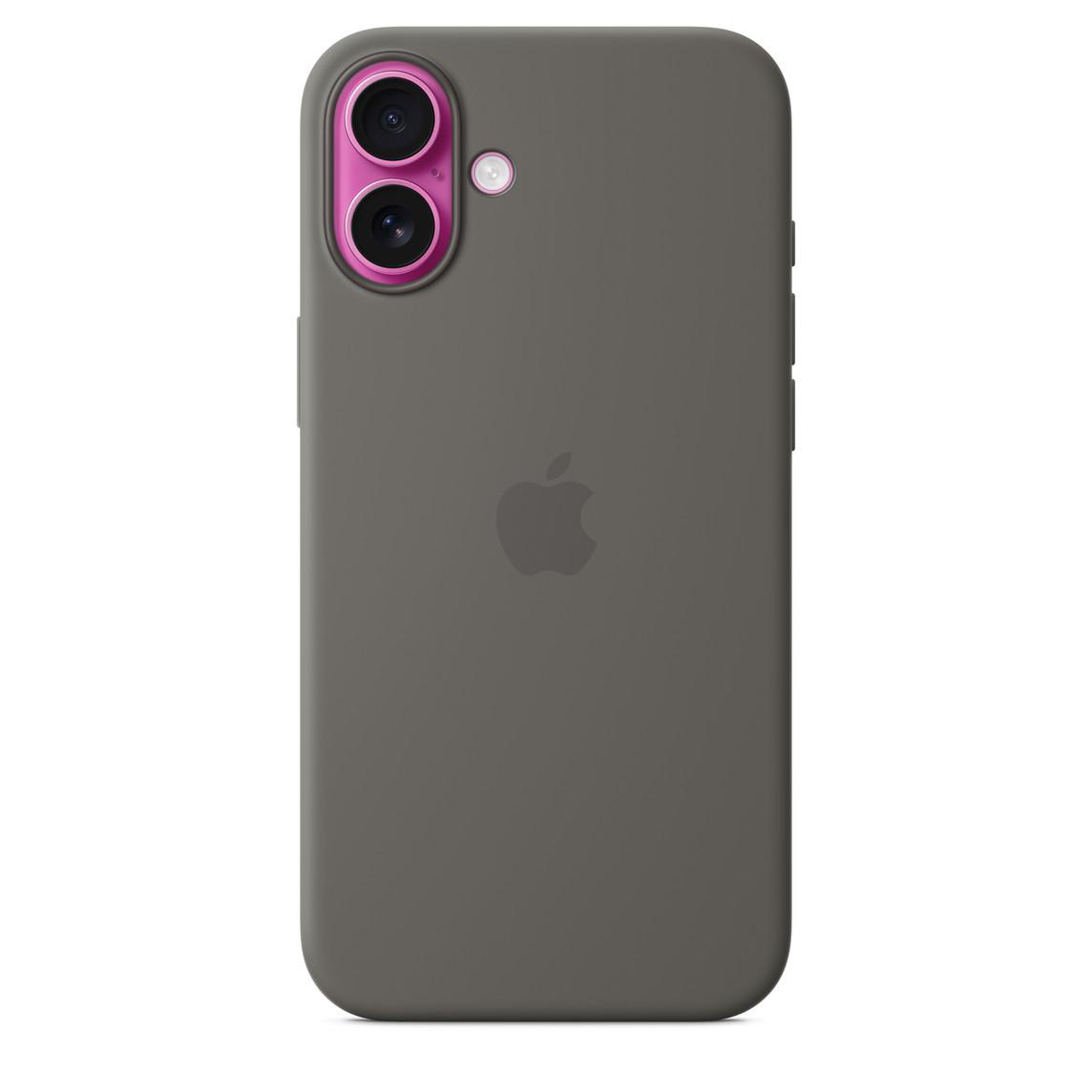 Eine graue iPhone-Hülle mit rosa Linsenringen. Ein Apple-Logo ist mittig auf der Rückseite.