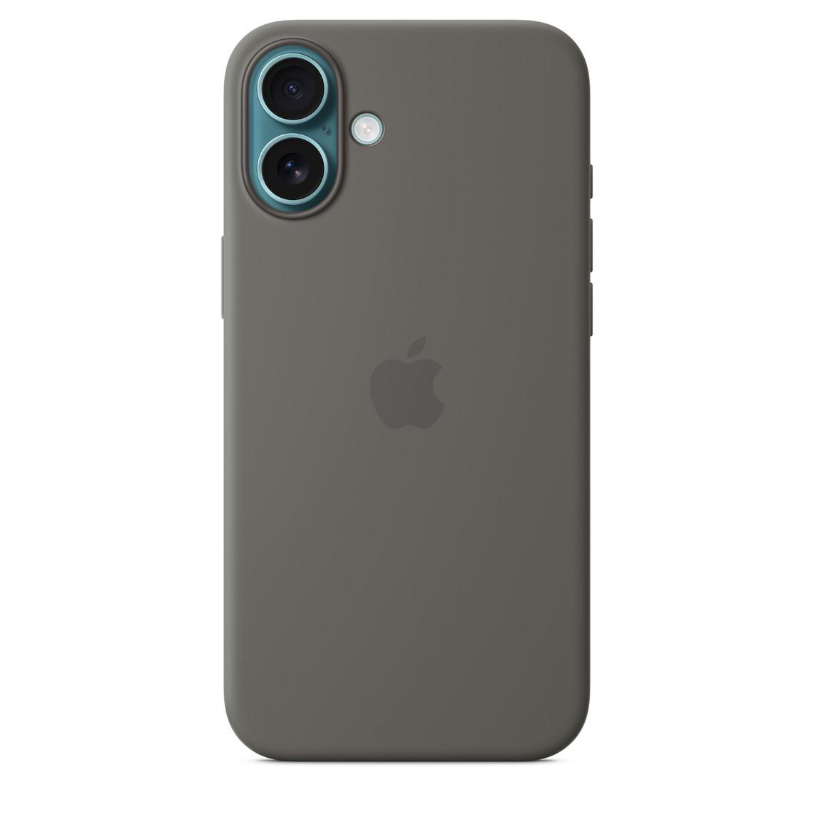 Eine graue Handyhülle mit Kameramodul und Apple-Logo, vor weißem Hintergrund.