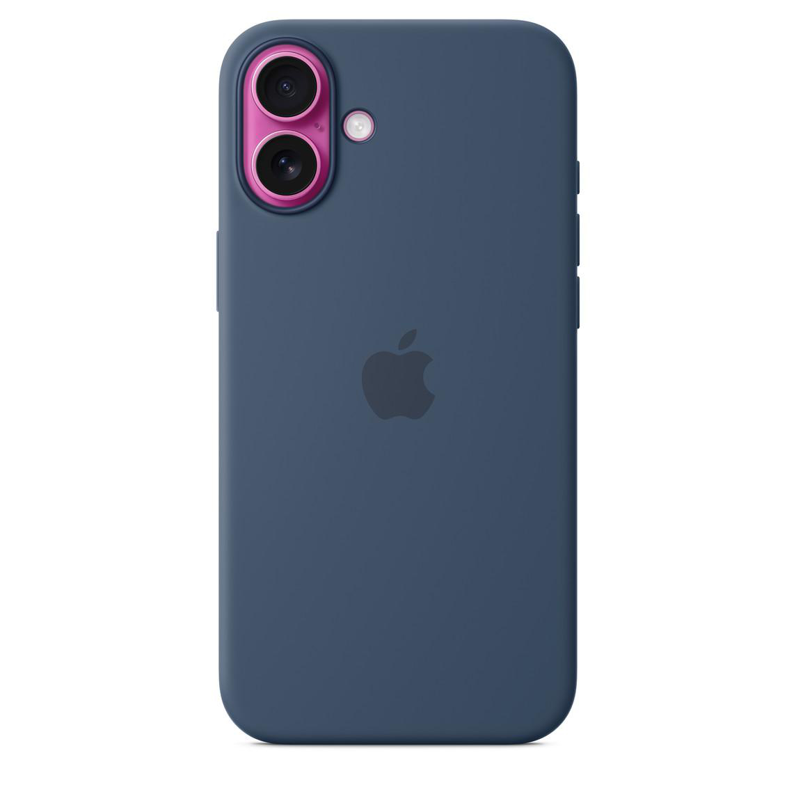 Dunkelblaues iPhone mit zwei Kameras in pinkfarbenem Case.