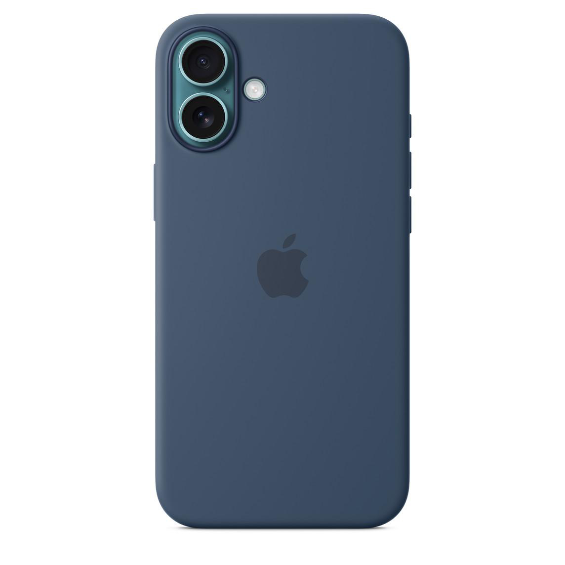 Ein marineblaues iPhone mit zwei Kameralinsen auf der Rückseite und einem Apple-Logo. Der Kamerabuckel ist sichtbar.