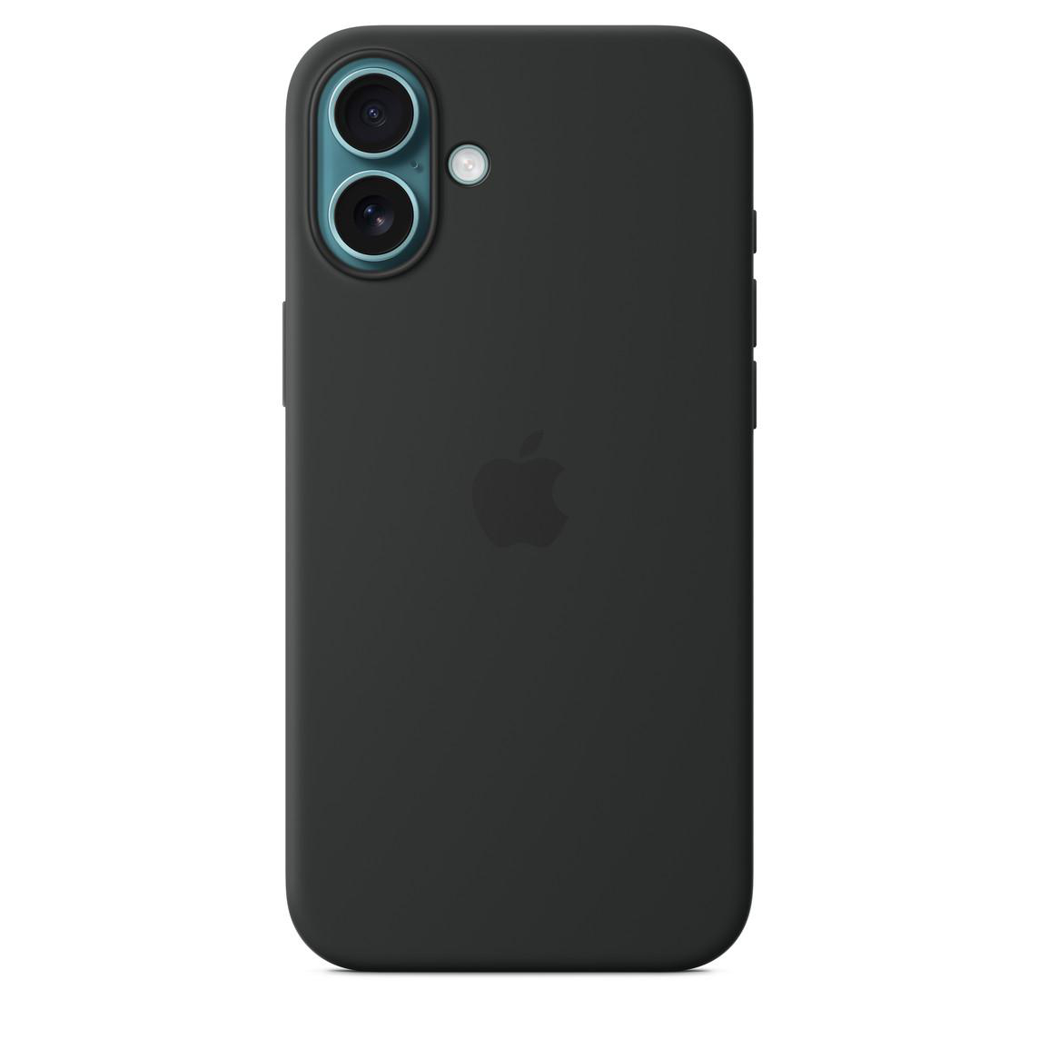 Schwarze iPhone-Hülle mit dem Apple-Logo. Die Hülle hat zwei Kameralinsen.